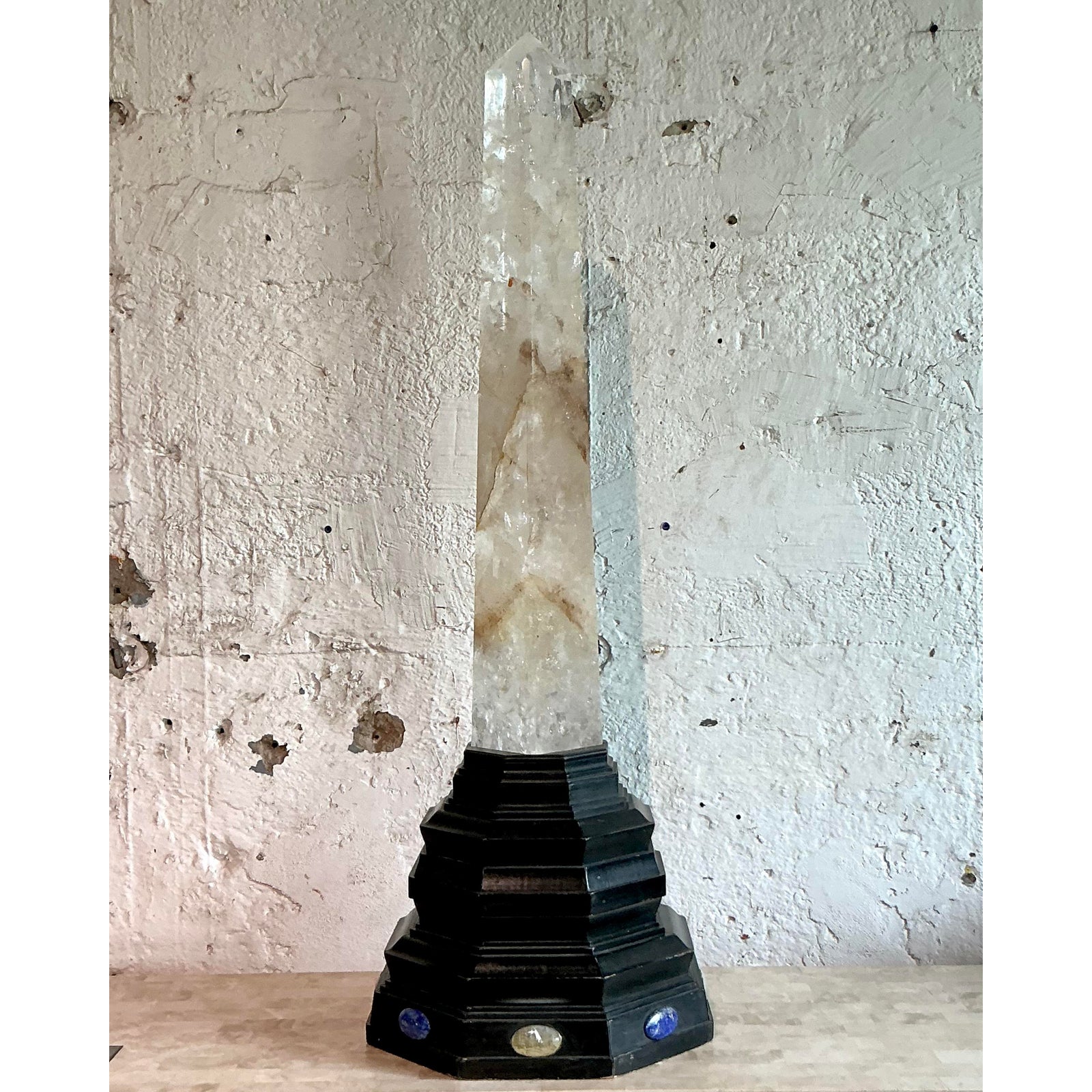 Vintage Boho Rock Crystal Obelisk on Jeweled Pedestal - Back view