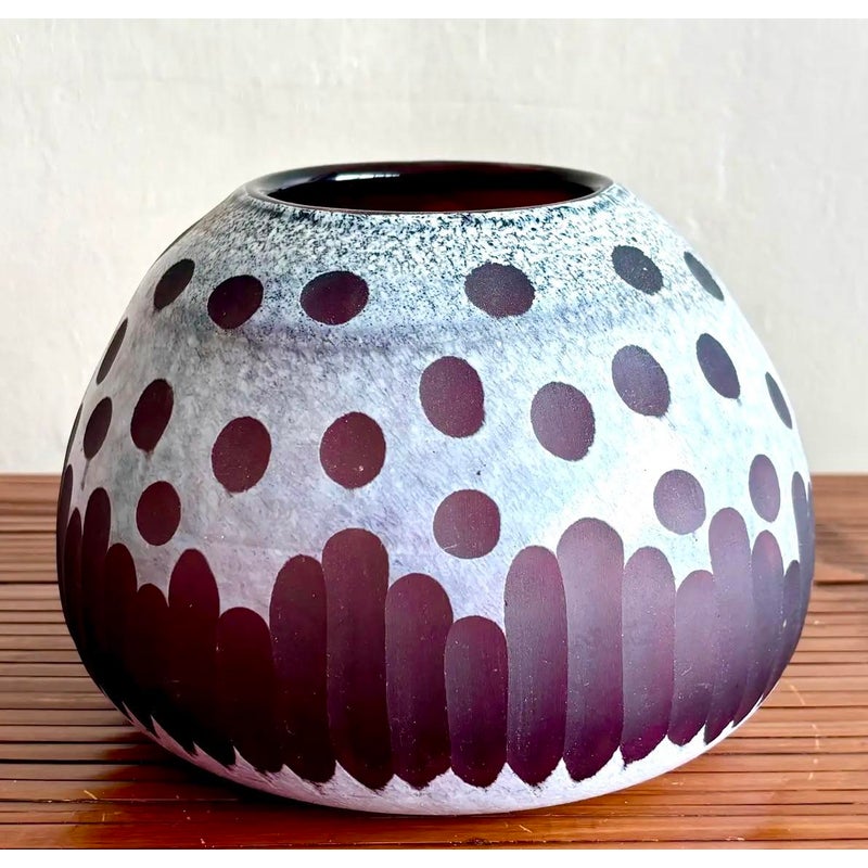 Late 20th Century Boho Art Glass Vase With Frosted Dot & Stripe Design - Detail view