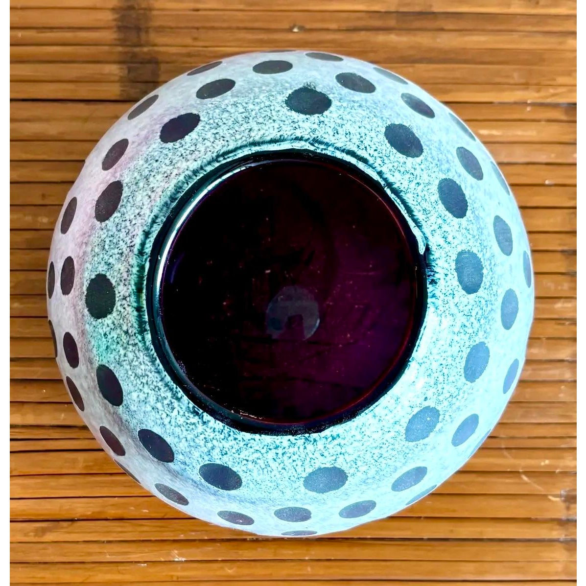 Late 20th Century Boho Art Glass Vase With Frosted Dot & Stripe Design - Top view