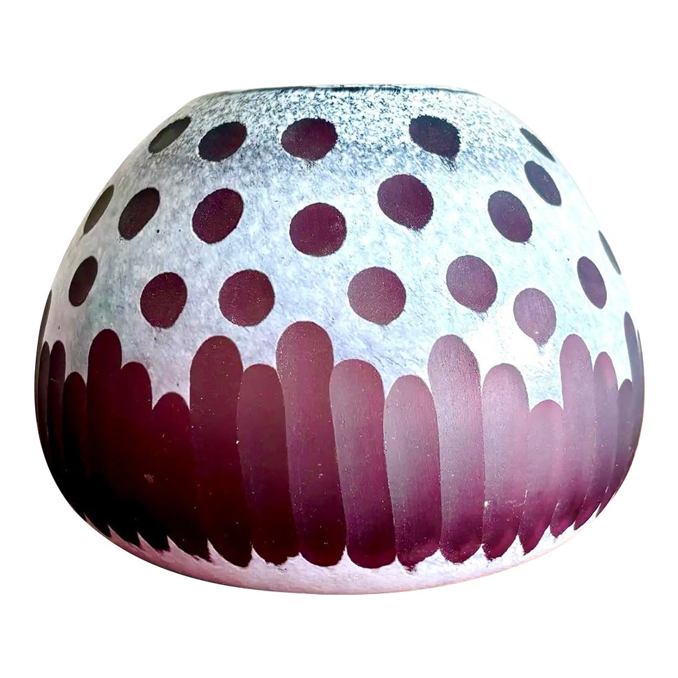 Late 20th Century Boho Art Glass Vase With Frosted Dot & Stripe Design
