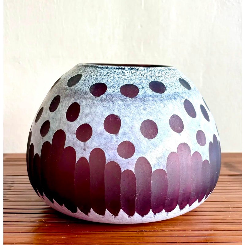 Late 20th Century Boho Art Glass Vase With Frosted Dot & Stripe Design - Side view