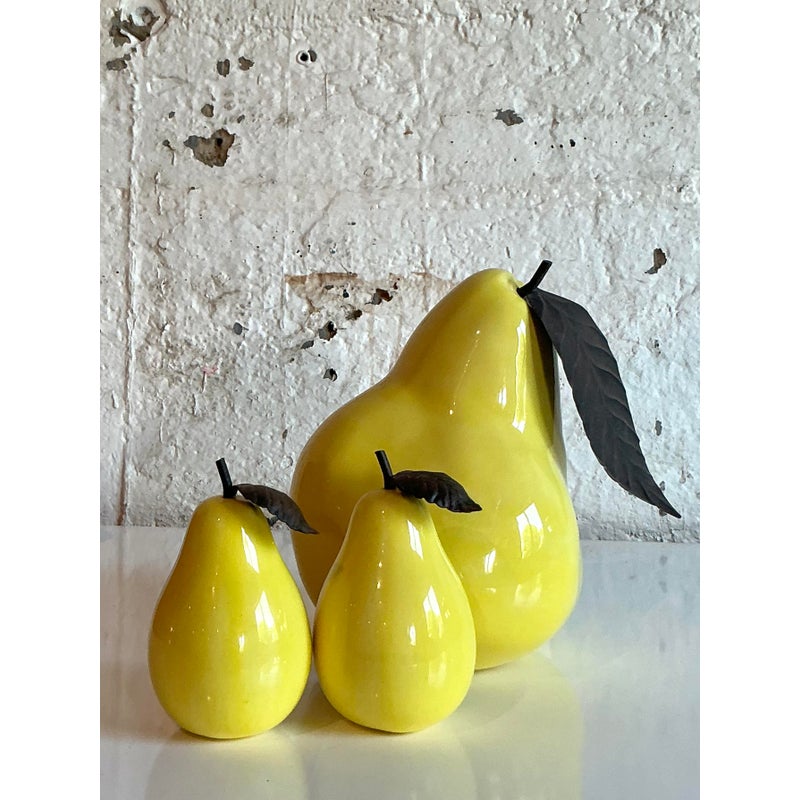 Vintage Boho Glazed Ceramic Pears - Set of 2 - Top view