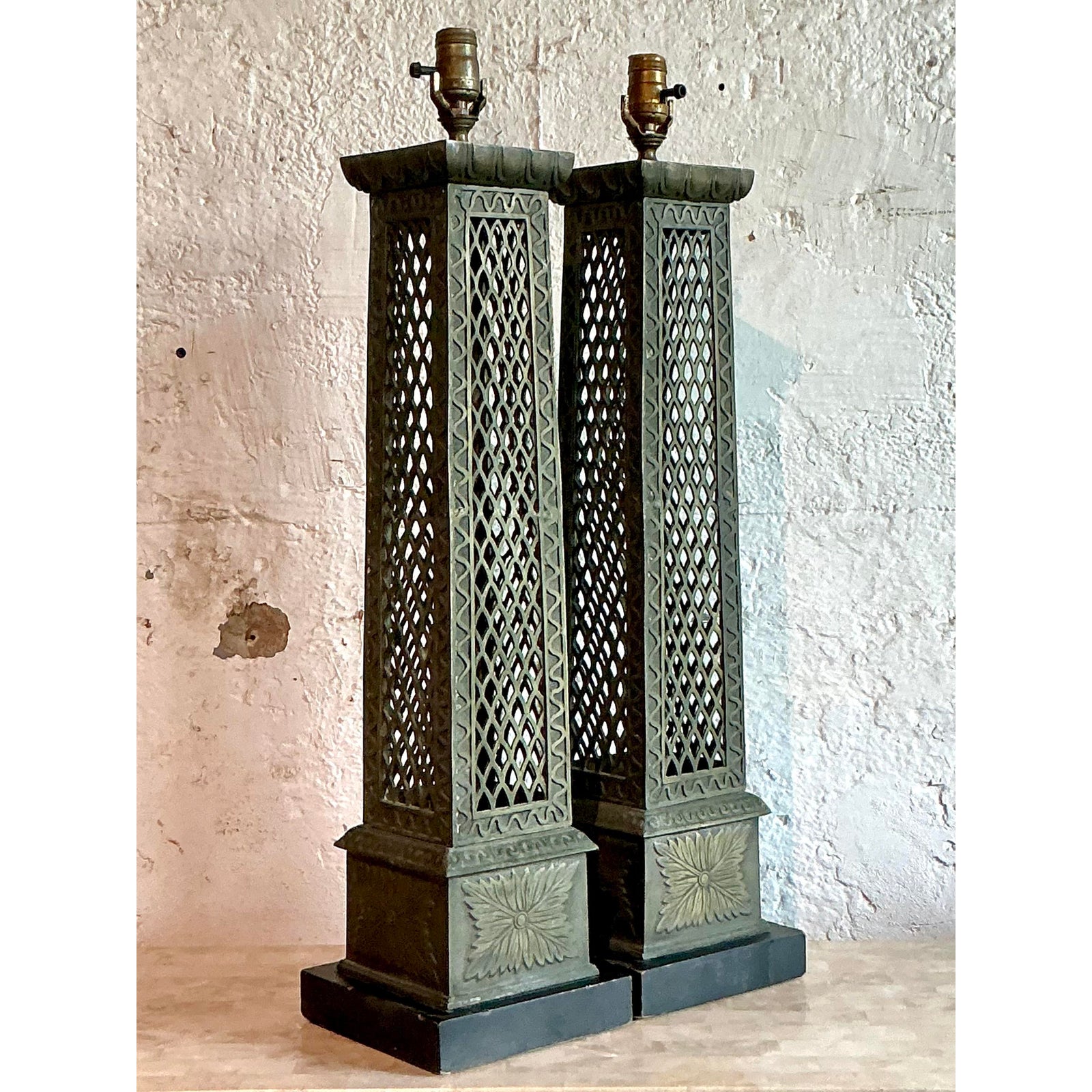 Vintage Regency Bronze Trellis Lamps - A Pair - Back view