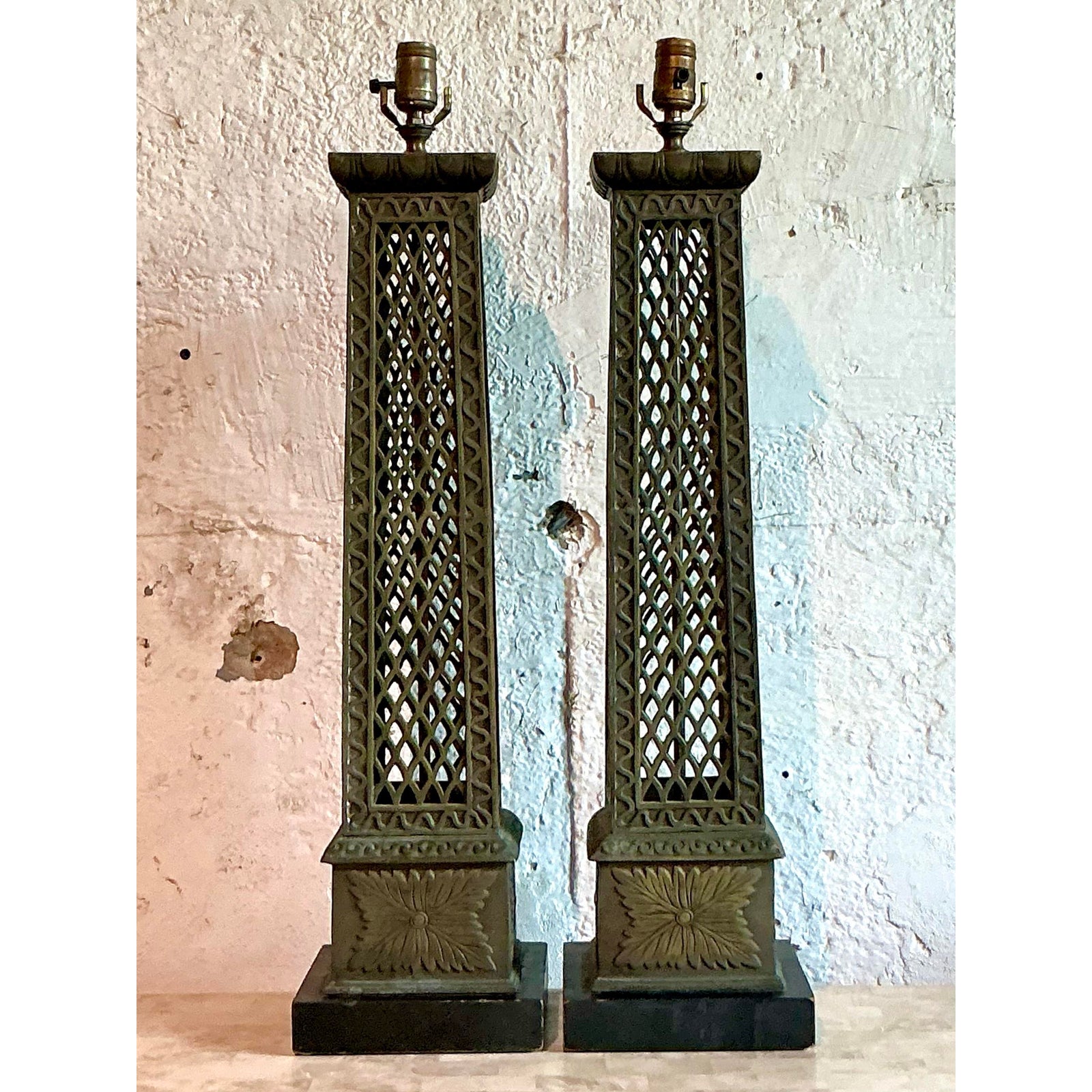Vintage Regency Bronze Trellis Lamps - A Pair - Side view