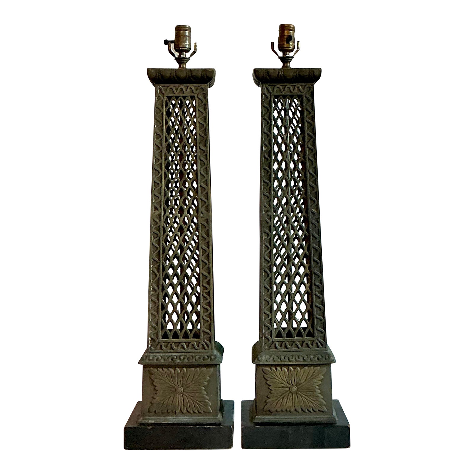 Vintage Regency Bronze Trellis Lamps - A Pair