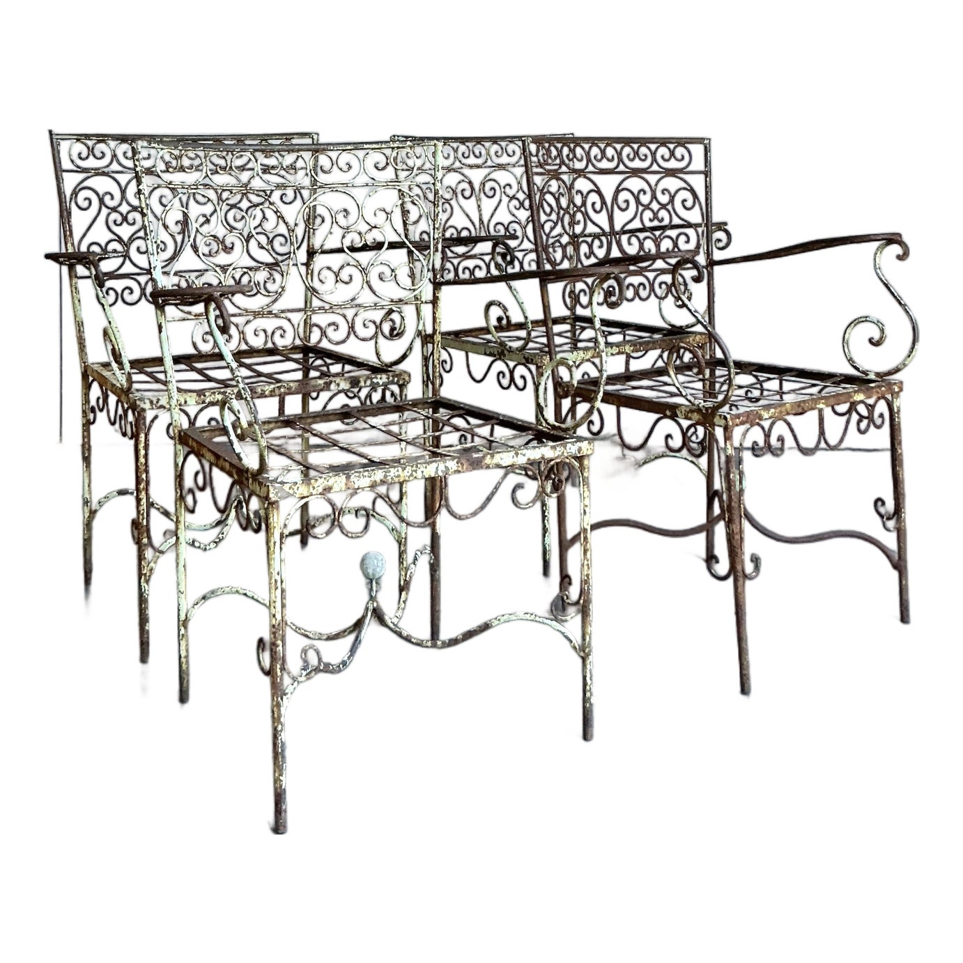 Vintage Regency Distressed Wrought Iron Scroll Dining Chairs - Set of 4