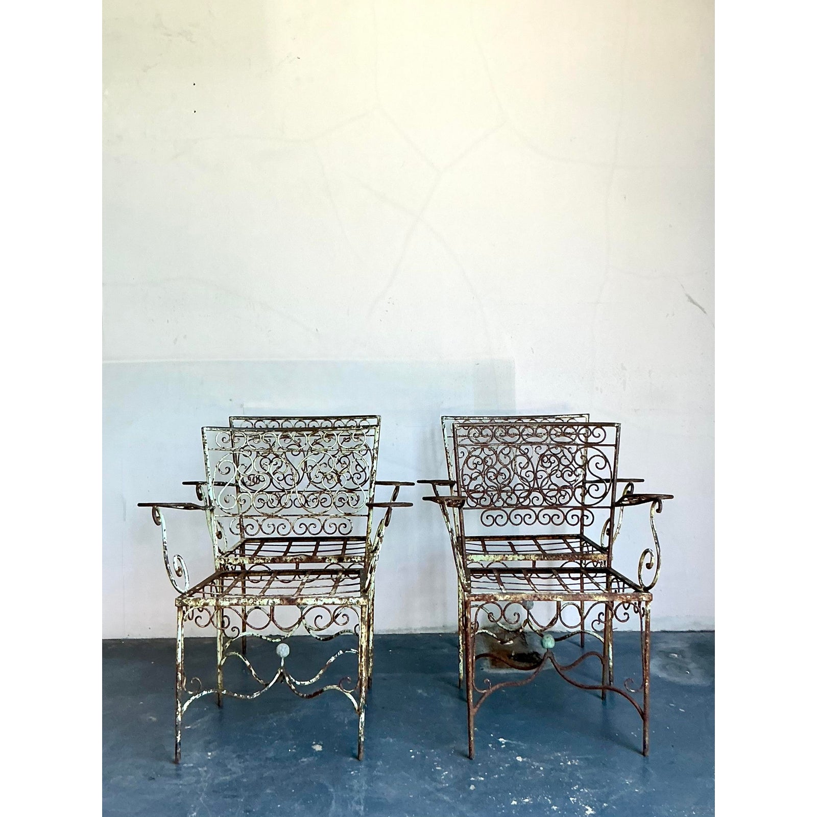Vintage Regency Distressed Wrought Iron Scroll Dining Chairs - Set of 4 - Top view