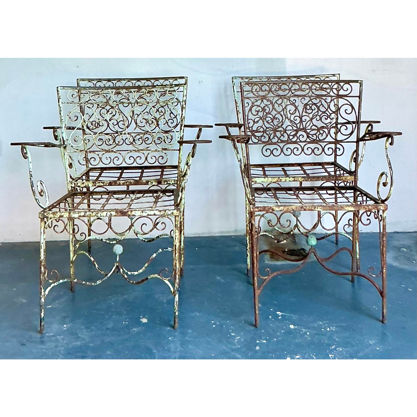 Vintage Regency Distressed Wrought Iron Scroll Dining Chairs - Set of 4 - Back view