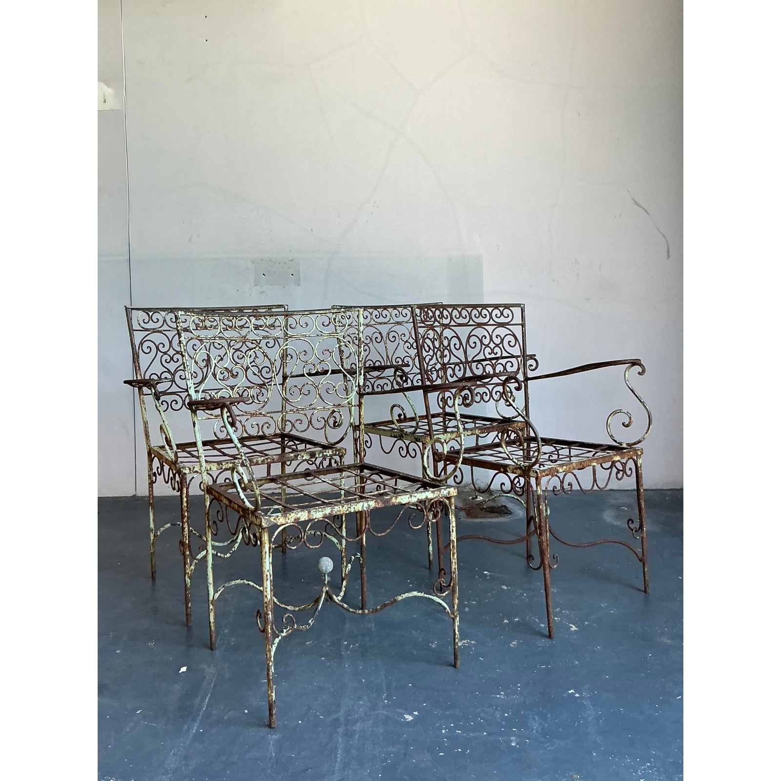 Vintage Regency Distressed Wrought Iron Scroll Dining Chairs - Set of 4 - Detail view