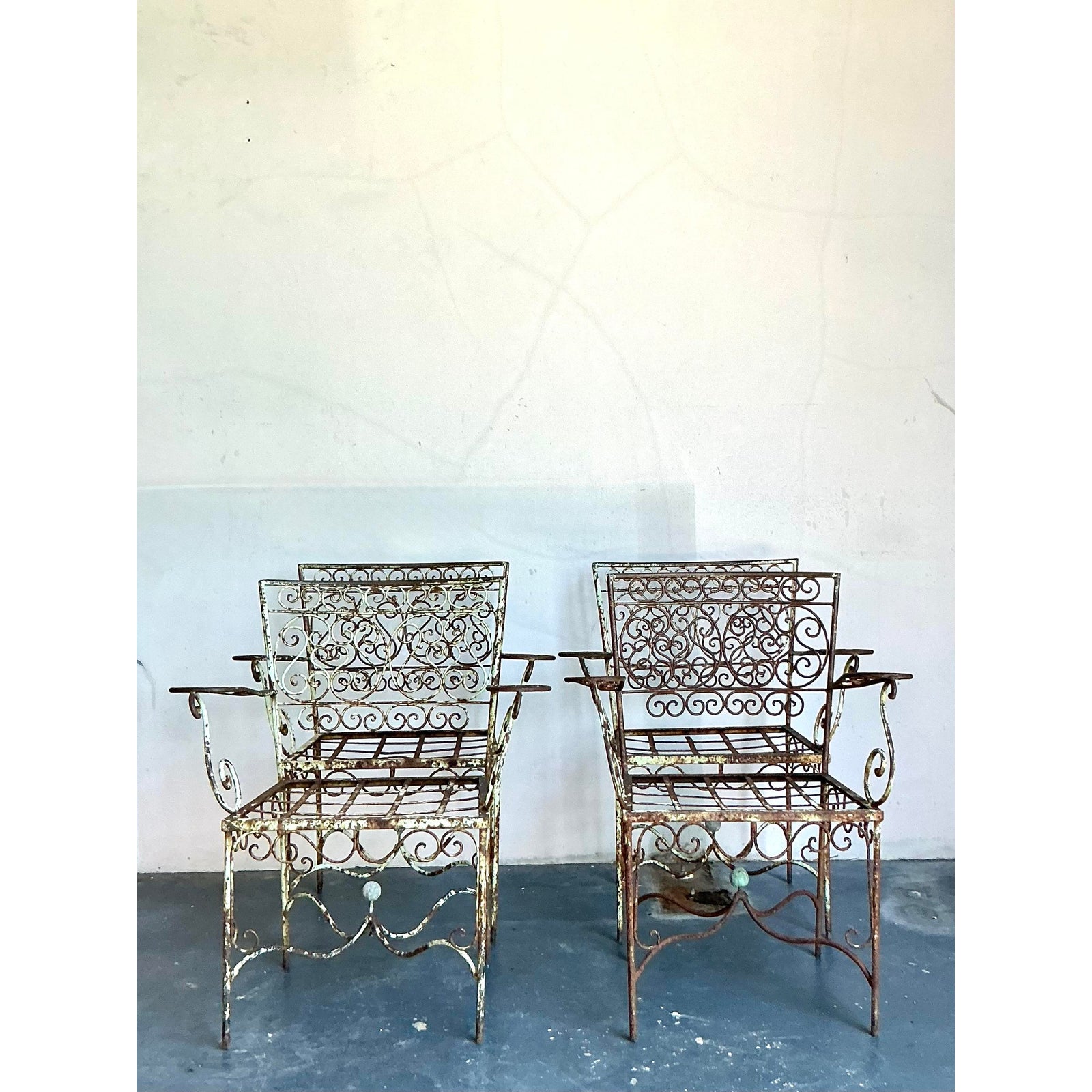 Vintage Regency Distressed Wrought Iron Scroll Dining Chairs - Set of 4 - Side view