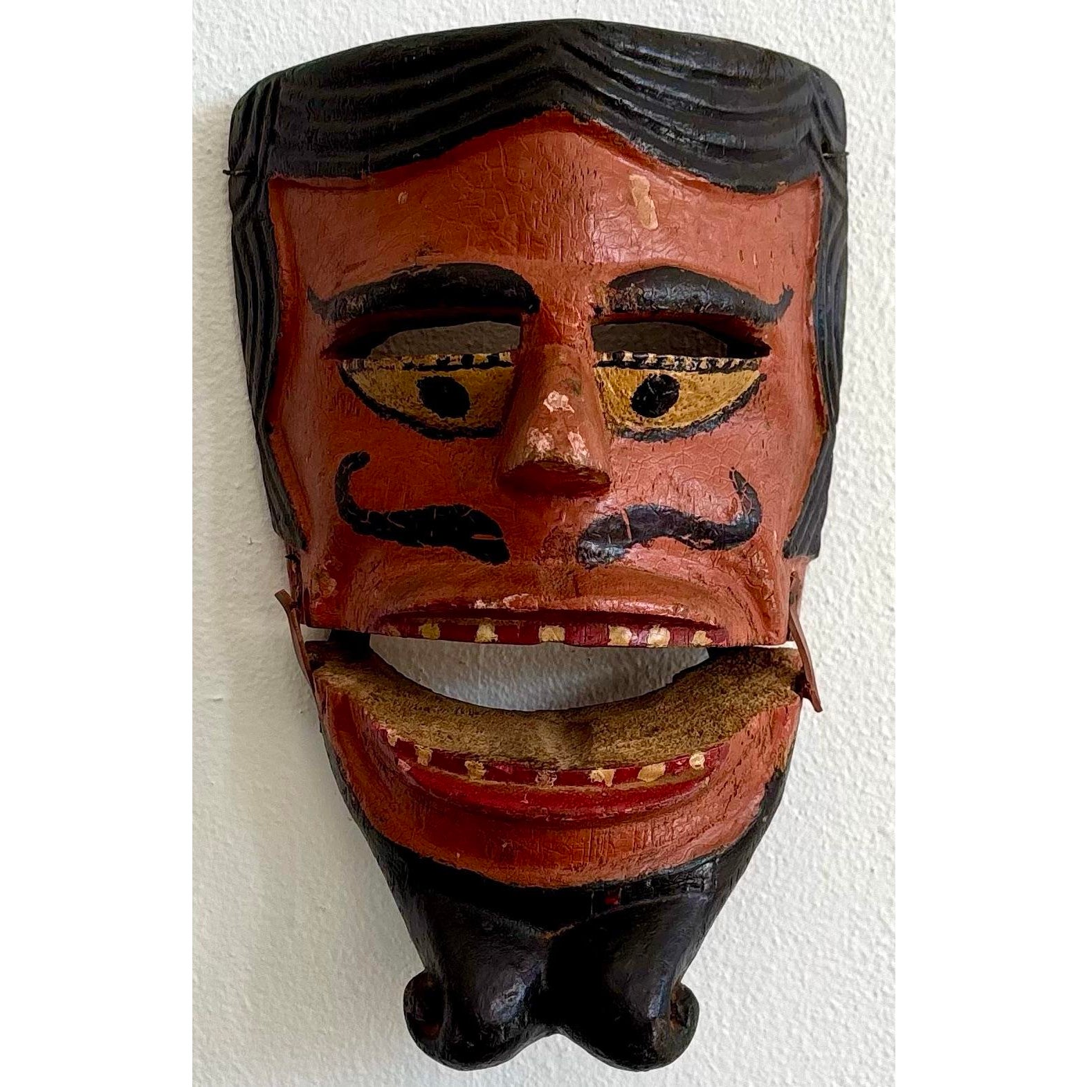 Vintage Boho Hand Carved Wood Painted Mask - Detail view