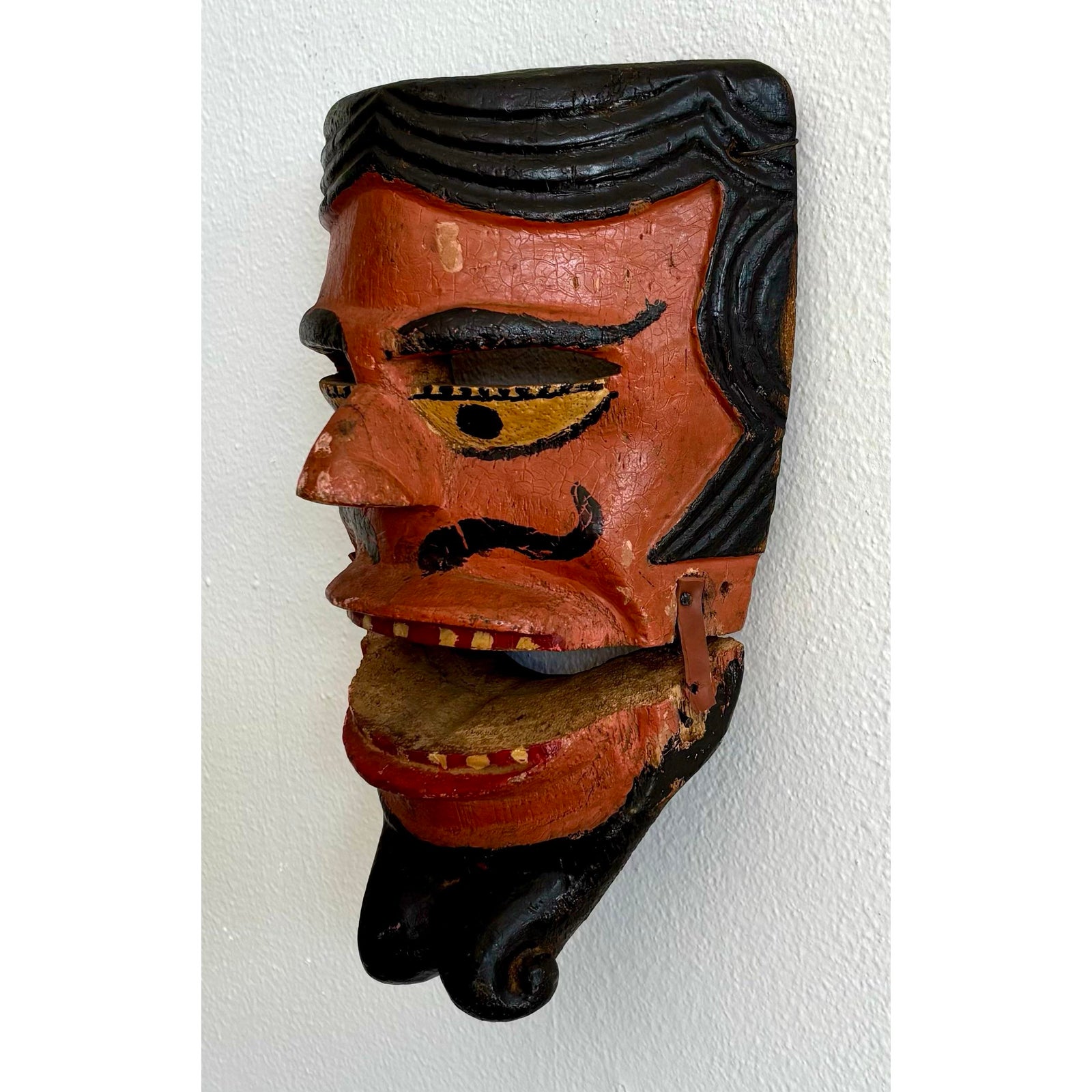 Vintage Boho Hand Carved Wood Painted Mask - Side view