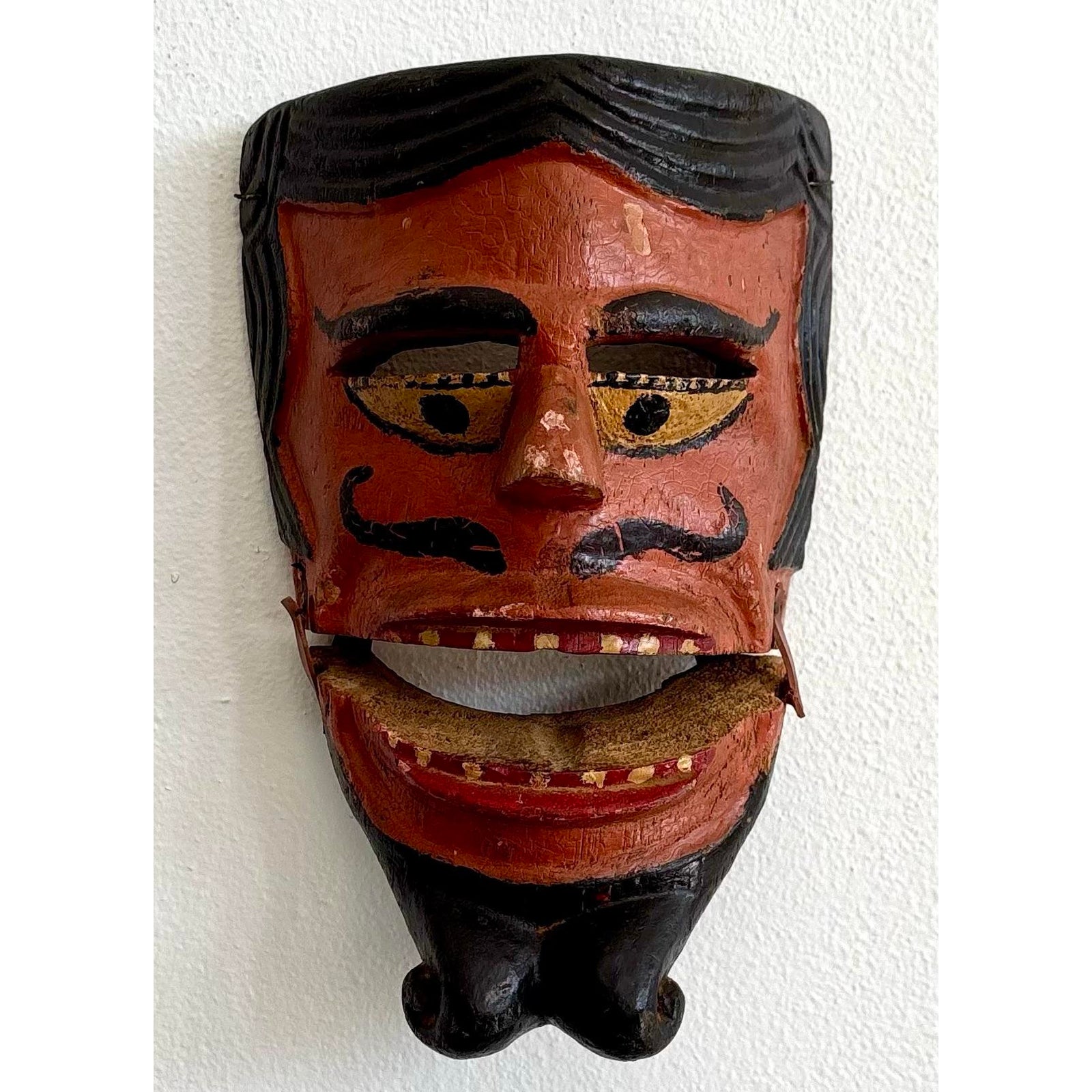 Vintage Boho Hand Carved Wood Painted Mask - Back view