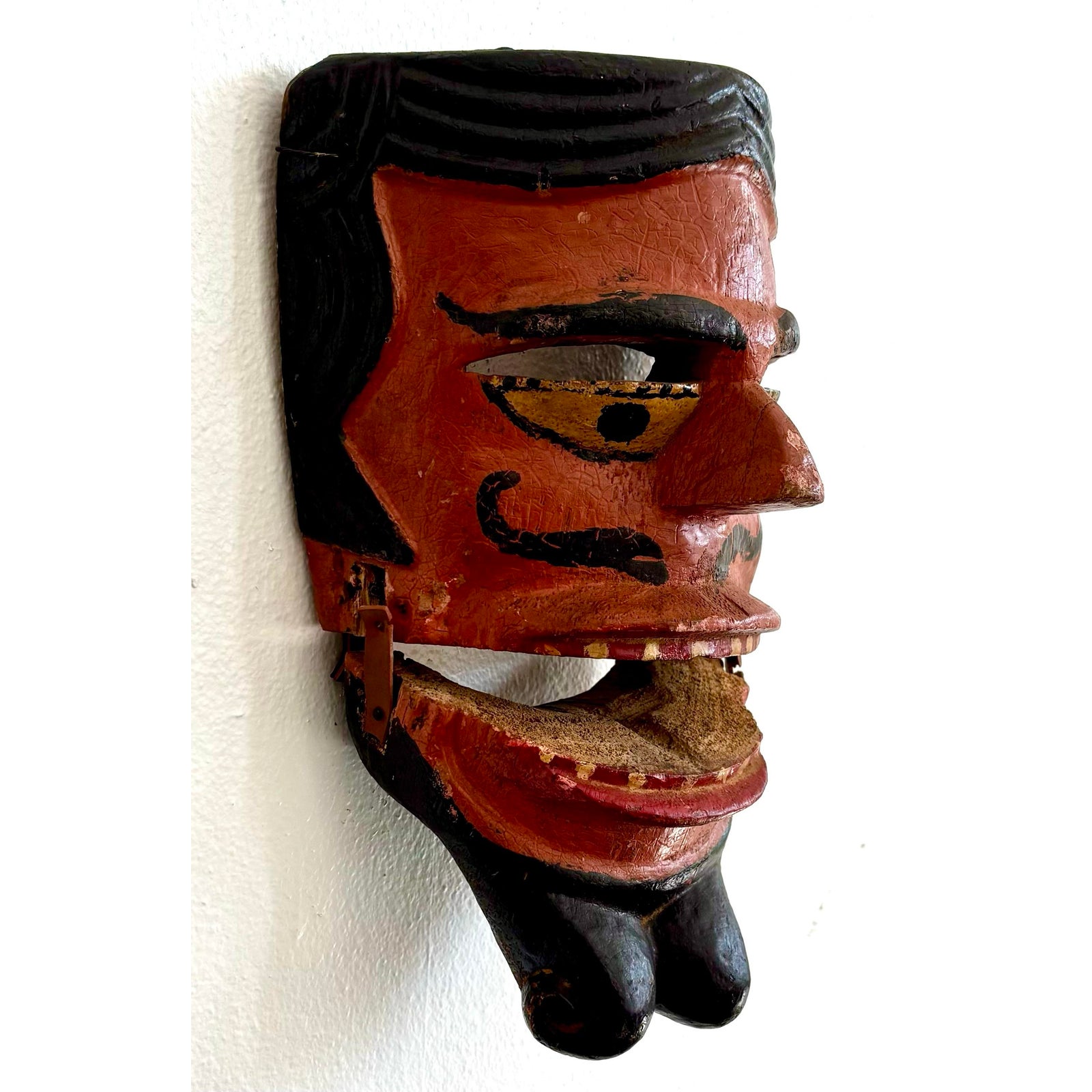 Vintage Boho Hand Carved Wood Painted Mask - Top view