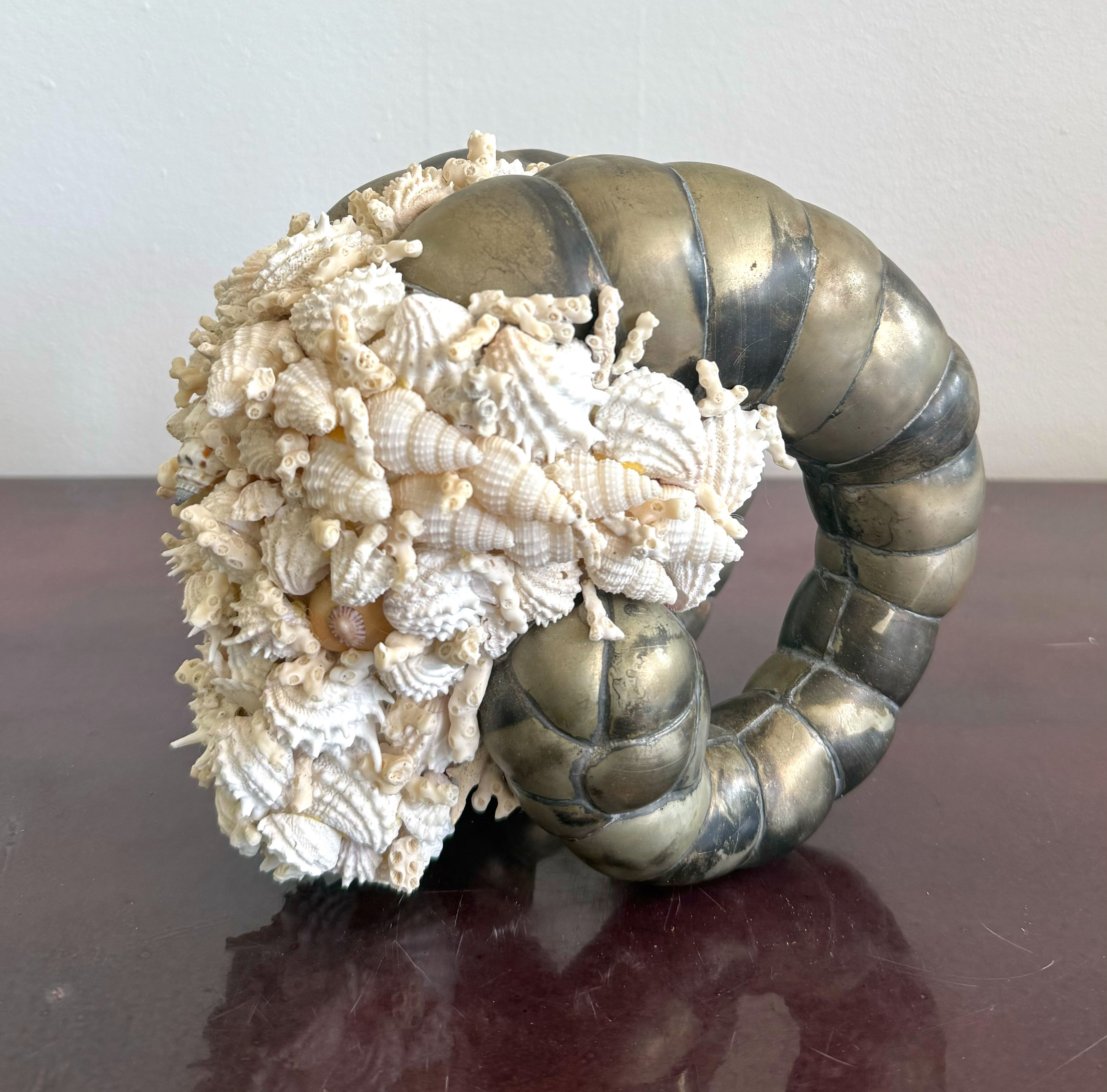 Vintage Coastal Shell Encrusted Ram Head Sculpture - Detail view