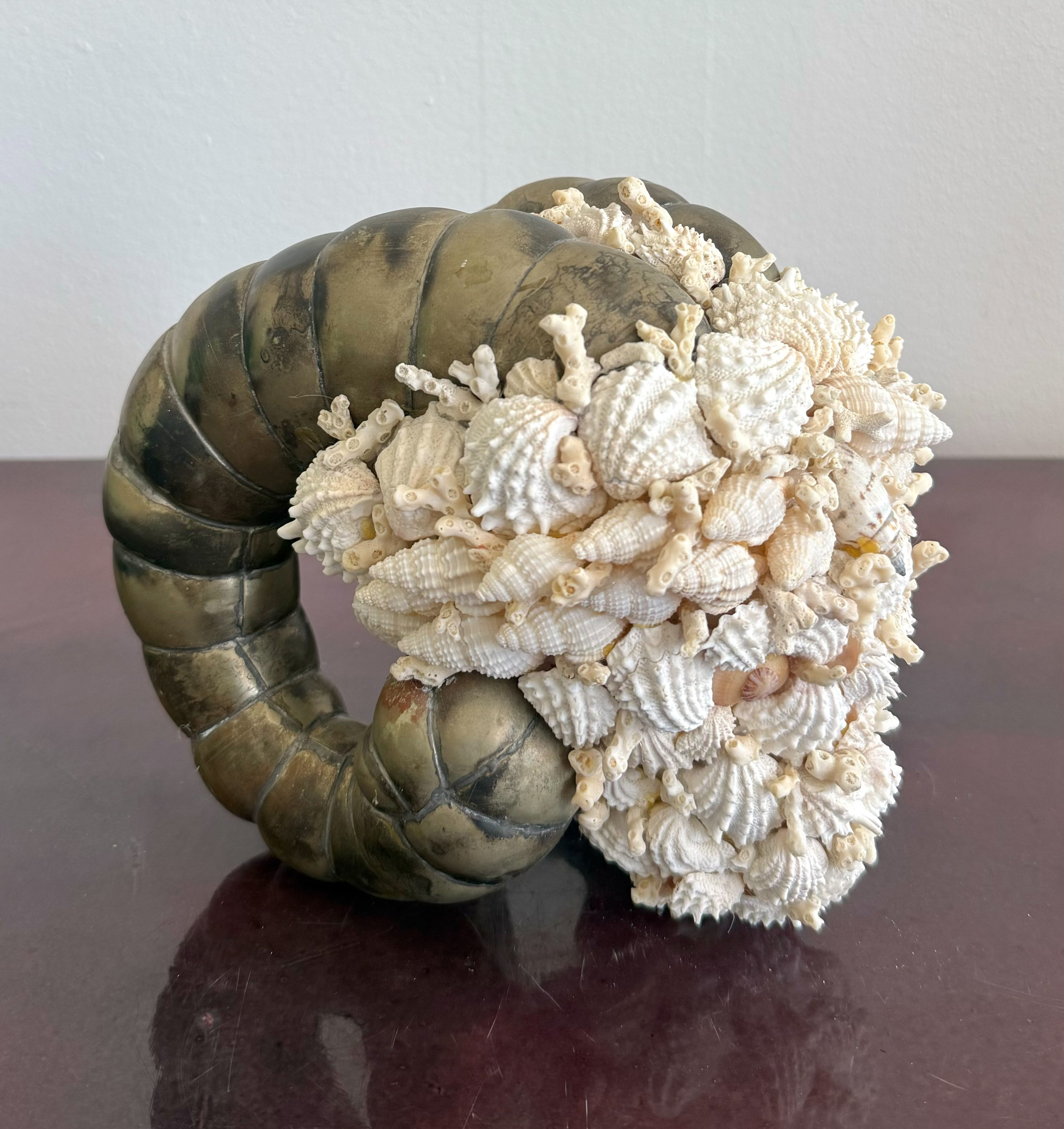 Vintage Coastal Shell Encrusted Ram Head Sculpture - Side view