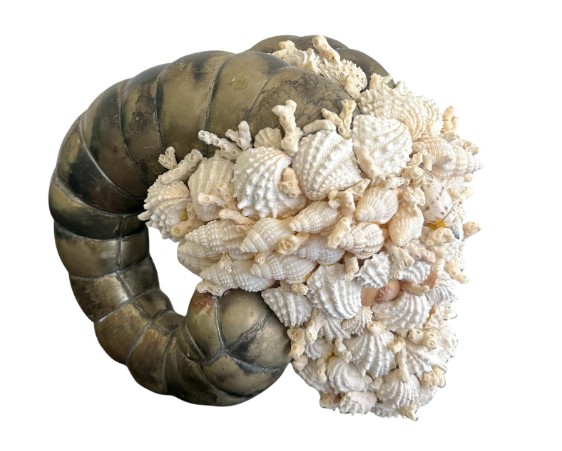Vintage Coastal Shell Encrusted Ram Head Sculpture