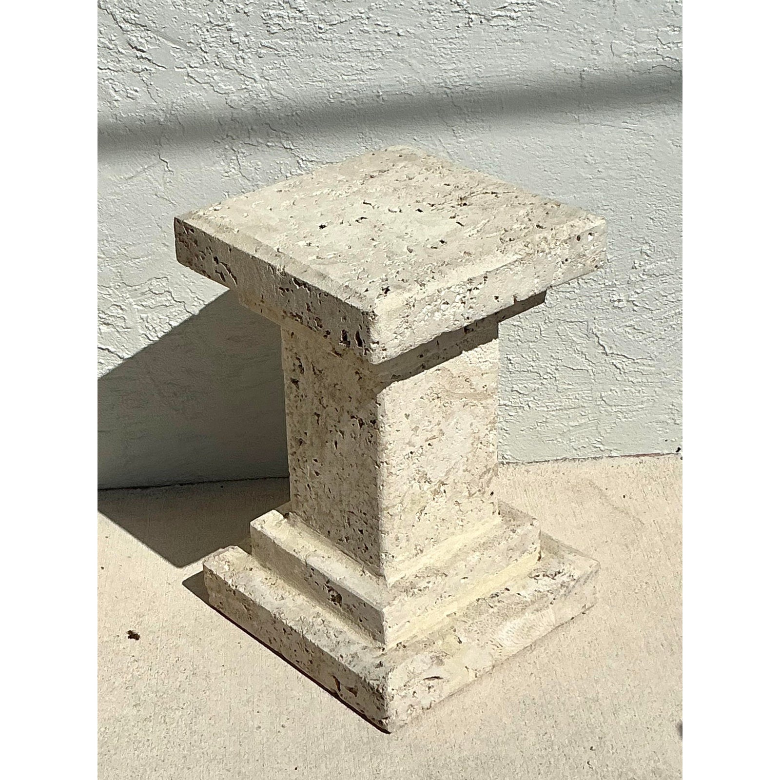 Vintage Boho Carved Coquina Pedestal - Back view