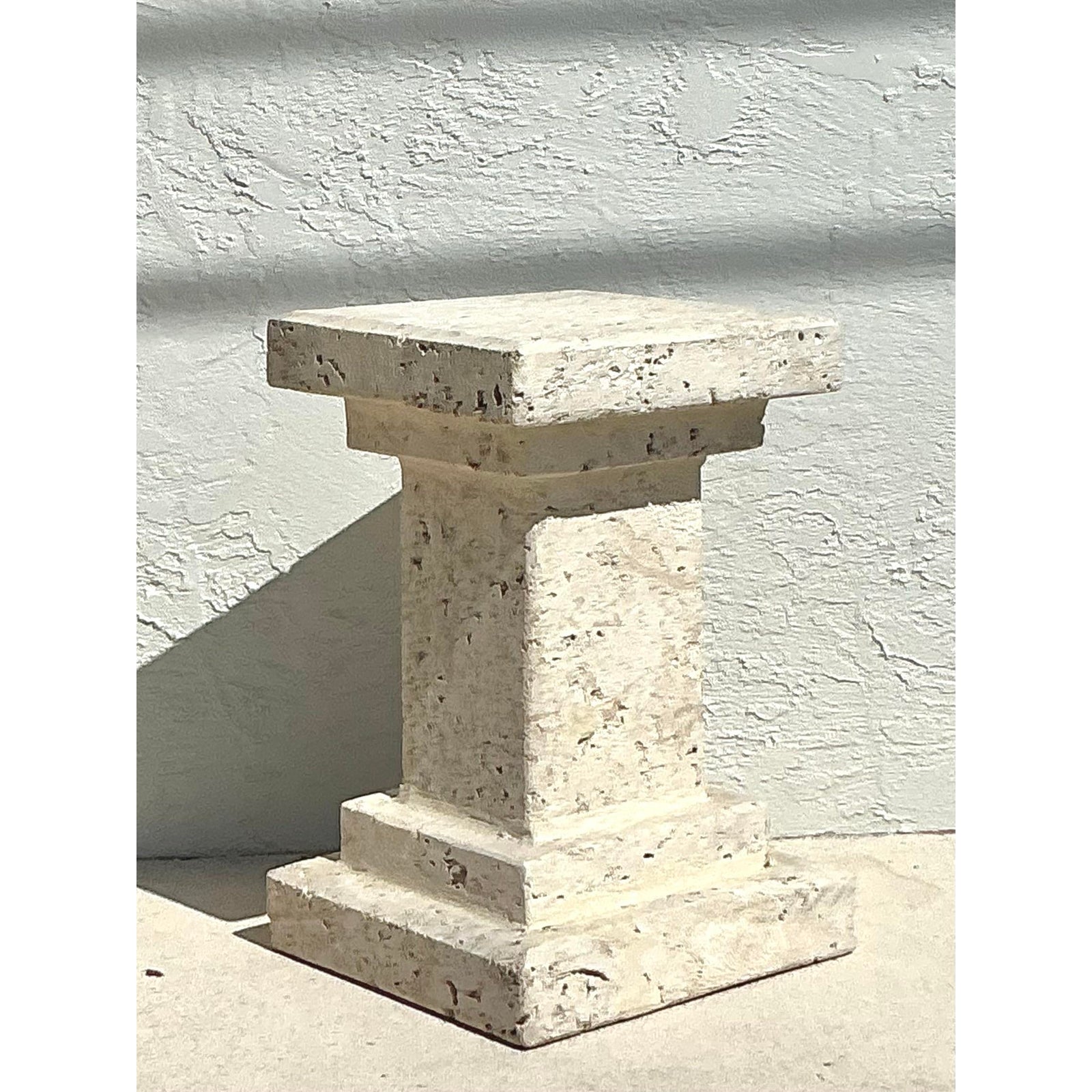 Vintage Boho Carved Coquina Pedestal - Side view