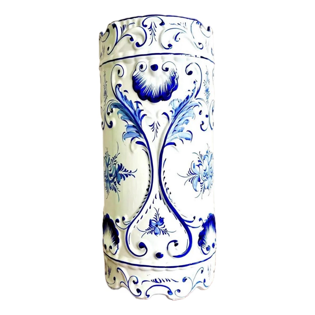 Vintage Boho Delft-Style Hand Painted Ceramic Umbrella Stand