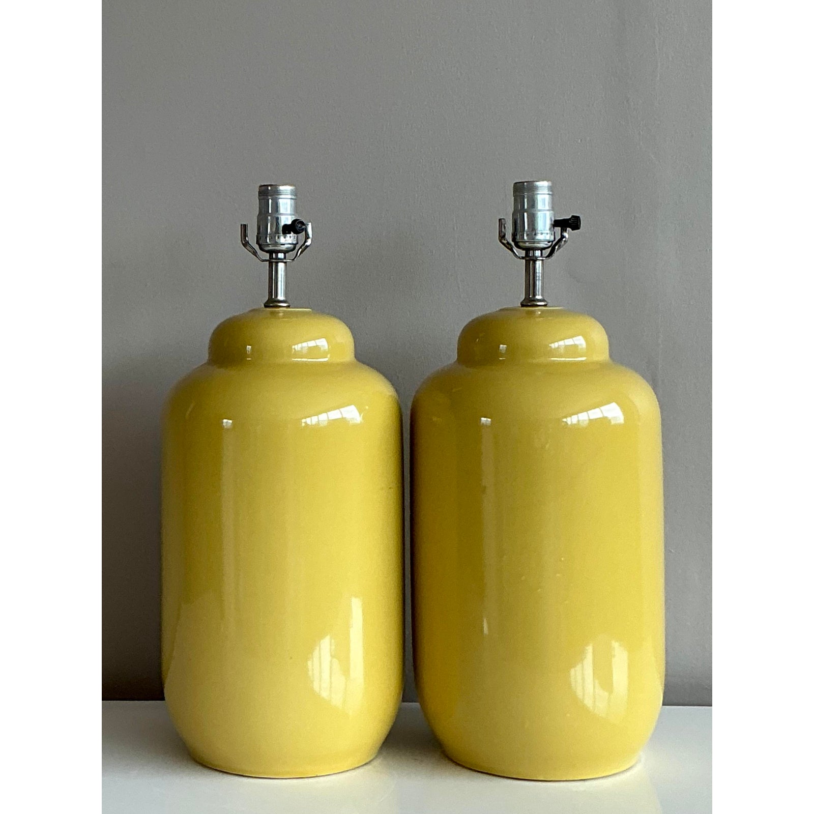 Vintage Boho Glazed Ceramic Yellow Lamps - A Pair - Detail view