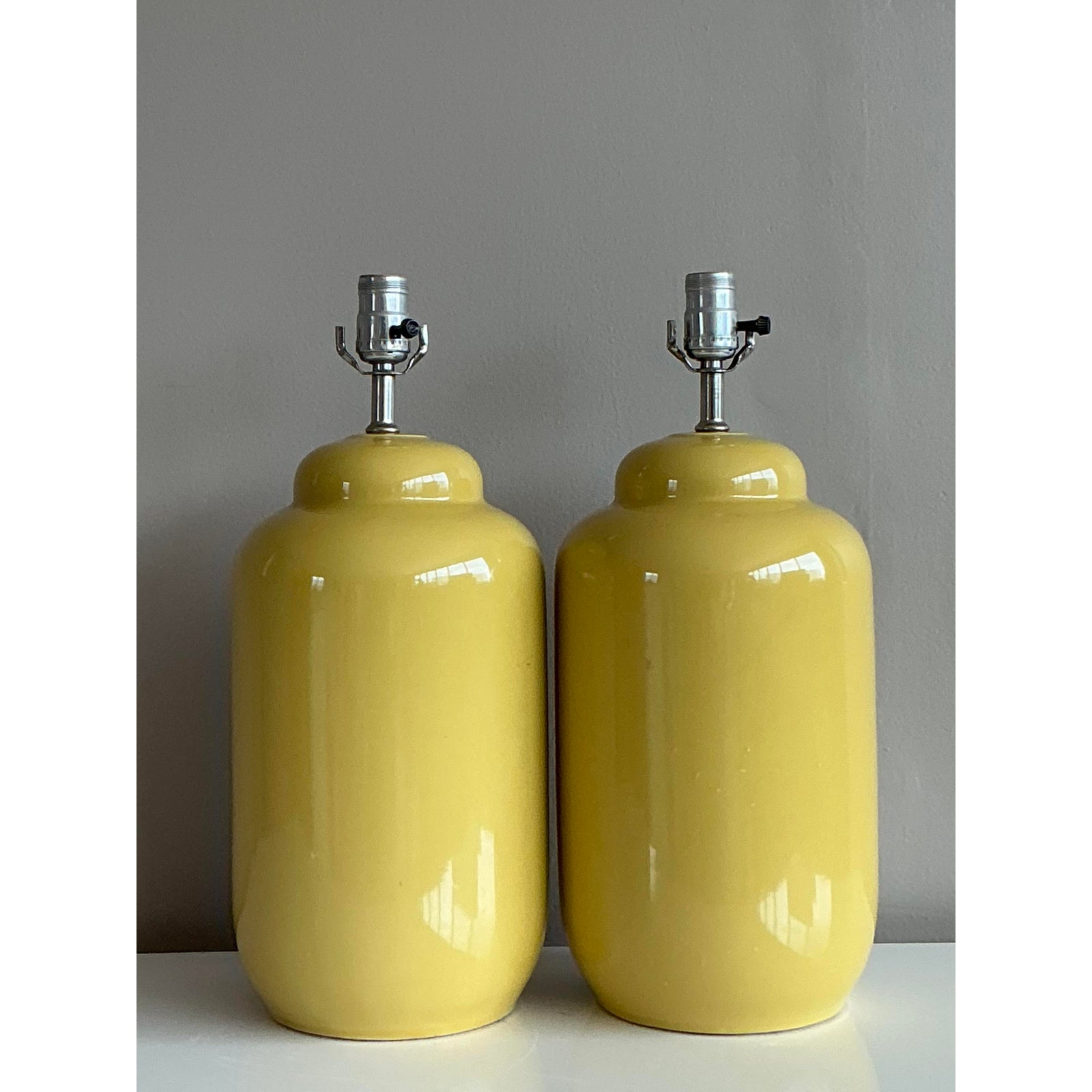 Vintage Boho Glazed Ceramic Yellow Lamps - A Pair - Side view