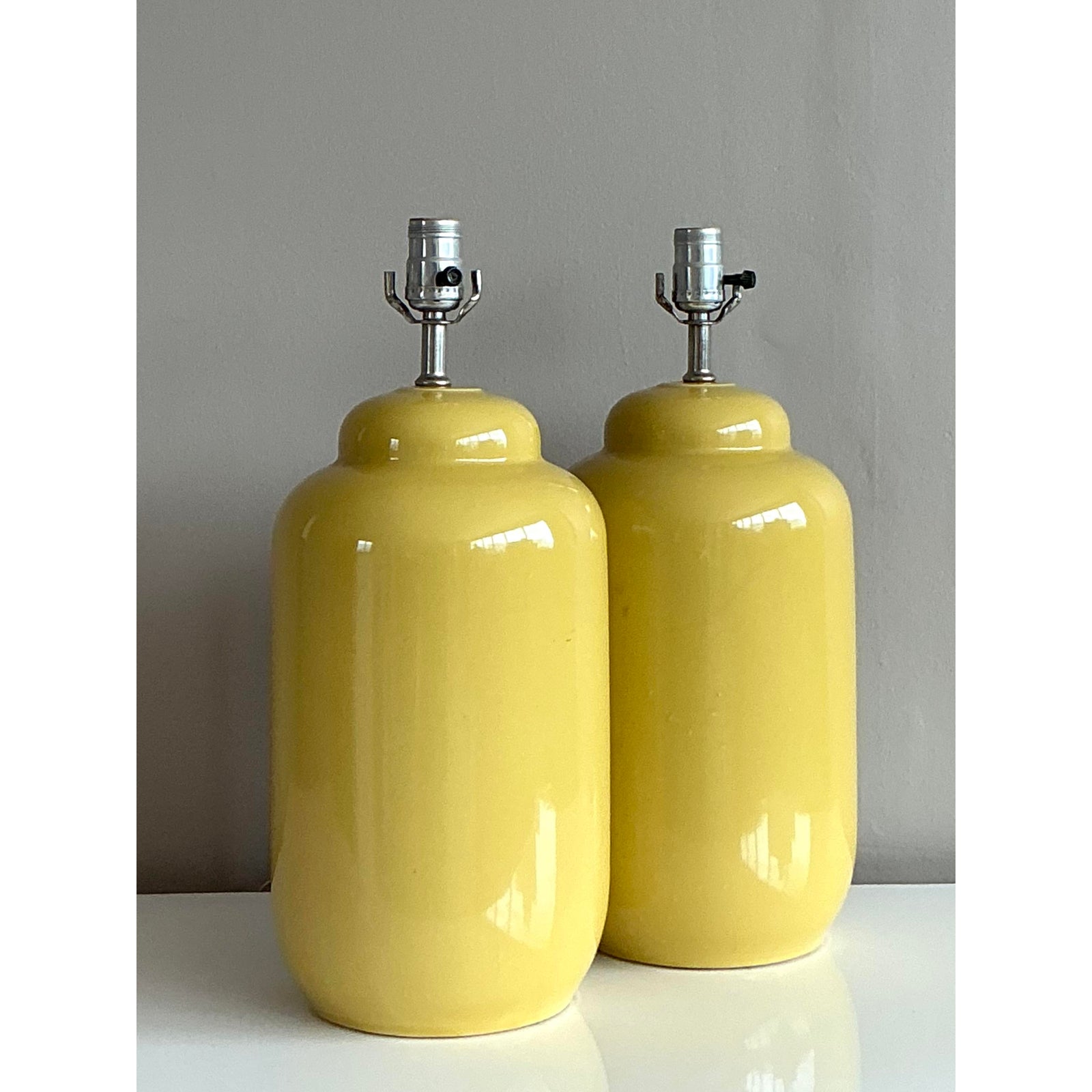 Vintage Boho Glazed Ceramic Yellow Lamps - A Pair - Back view