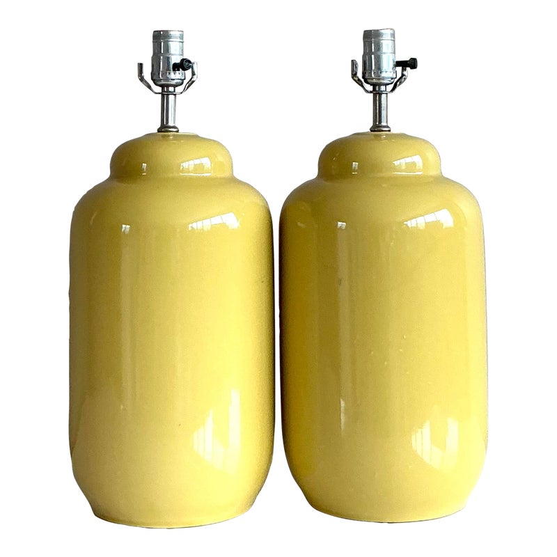 Vintage Boho Glazed Ceramic Yellow Lamps - A Pair