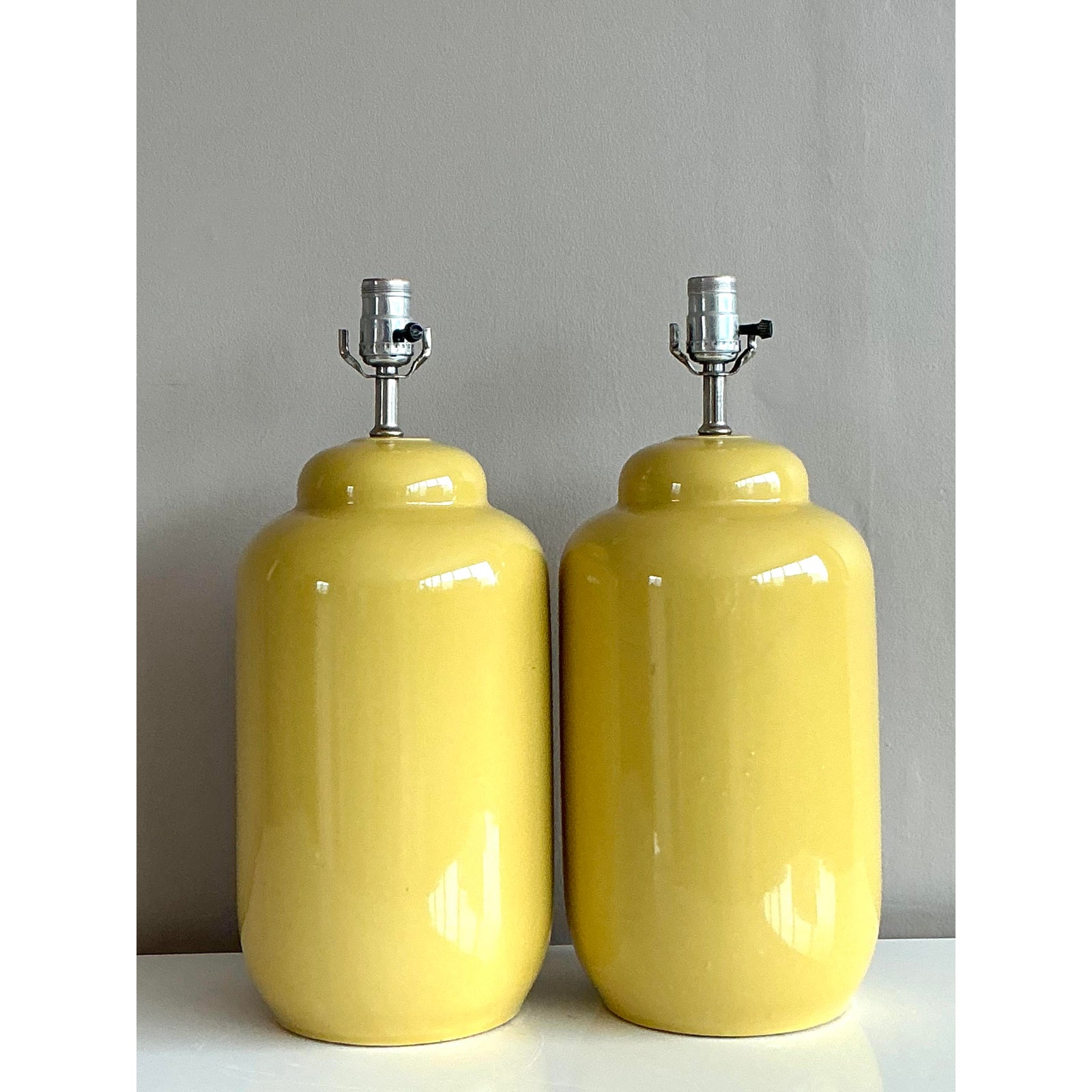 Vintage Boho Glazed Ceramic Yellow Lamps - A Pair - Top view
