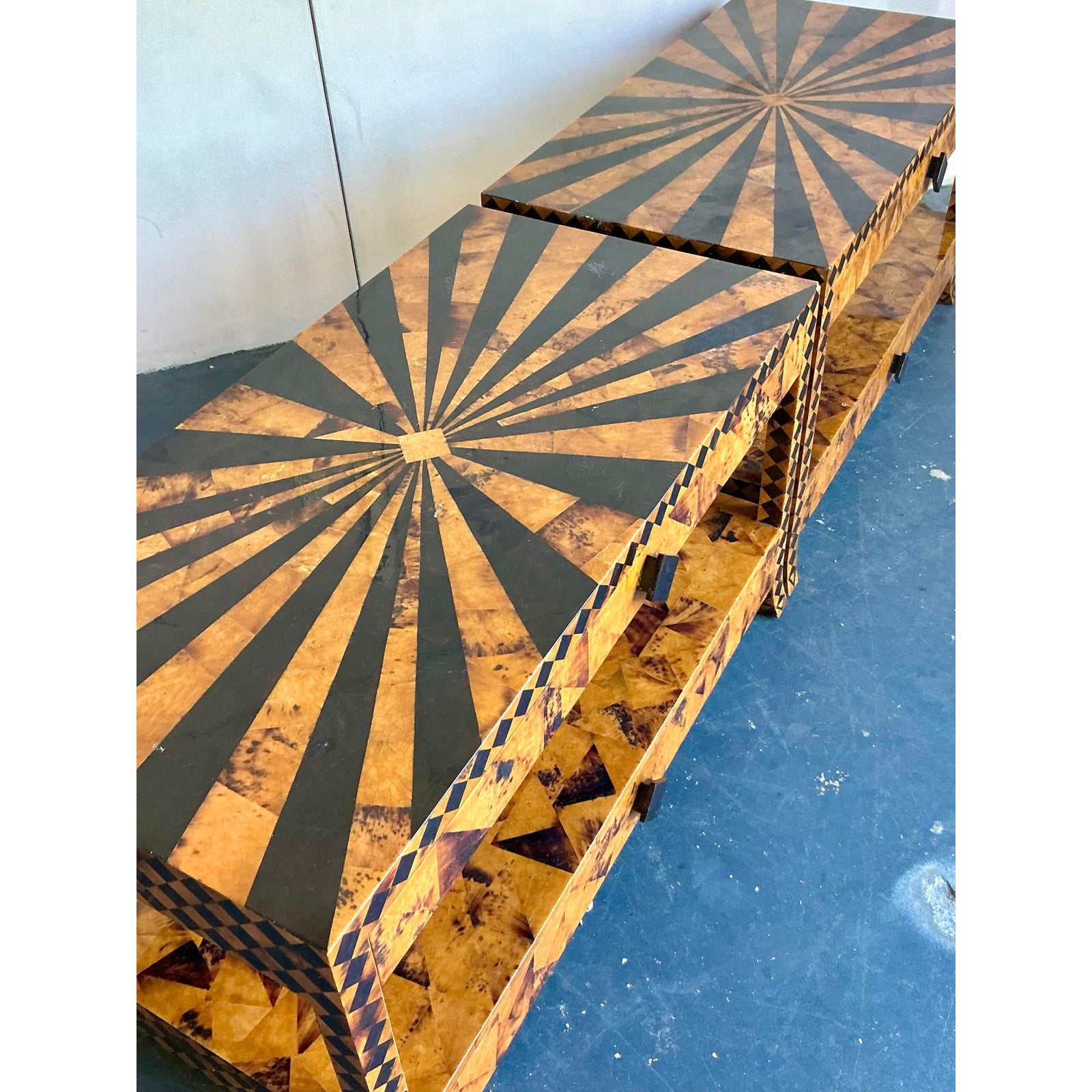 Vintage Tessellated Coconut Shell and Penshell Starburst Side Tables - a Pair - Top view