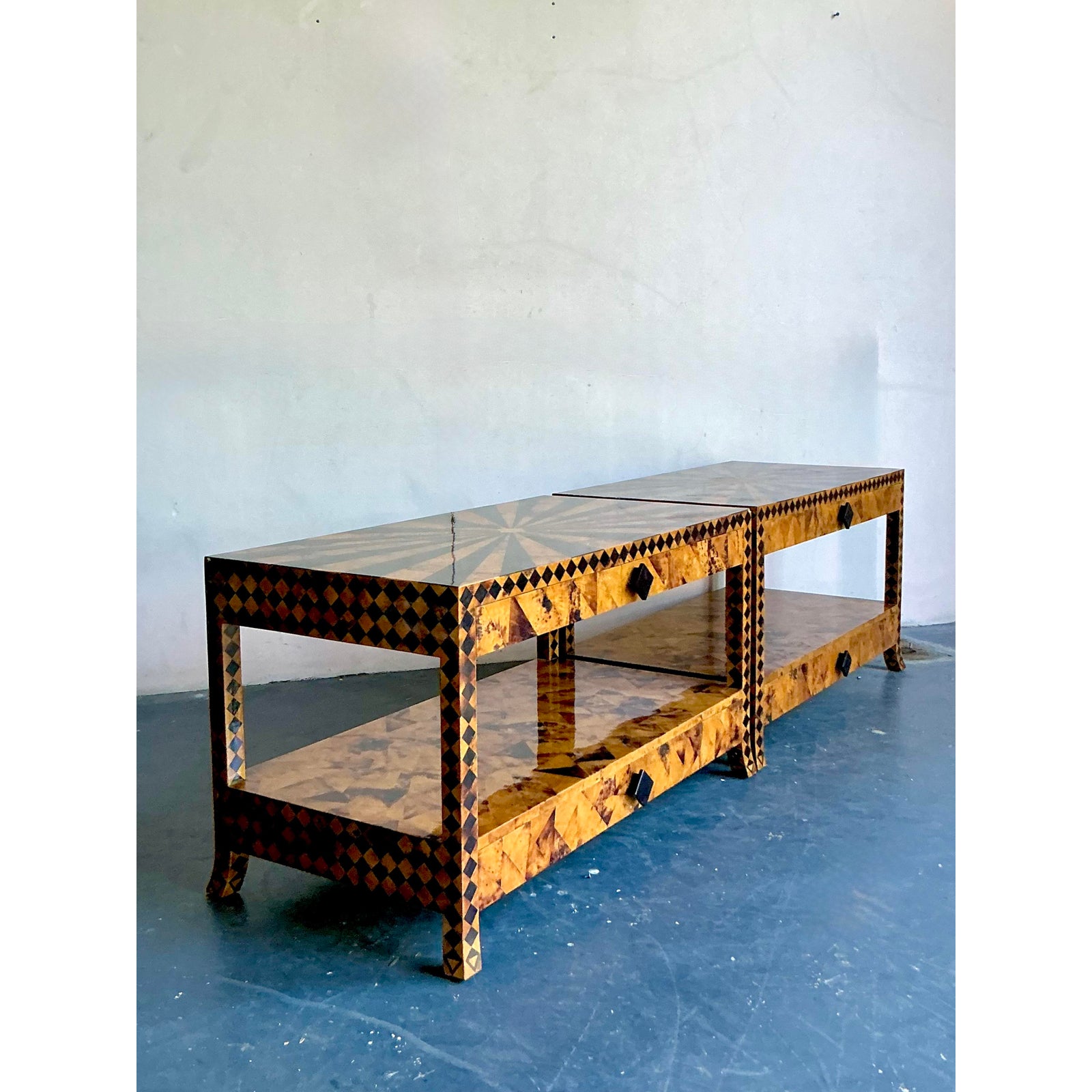 Vintage Tessellated Coconut Shell and Penshell Starburst Side Tables - a Pair - Side view