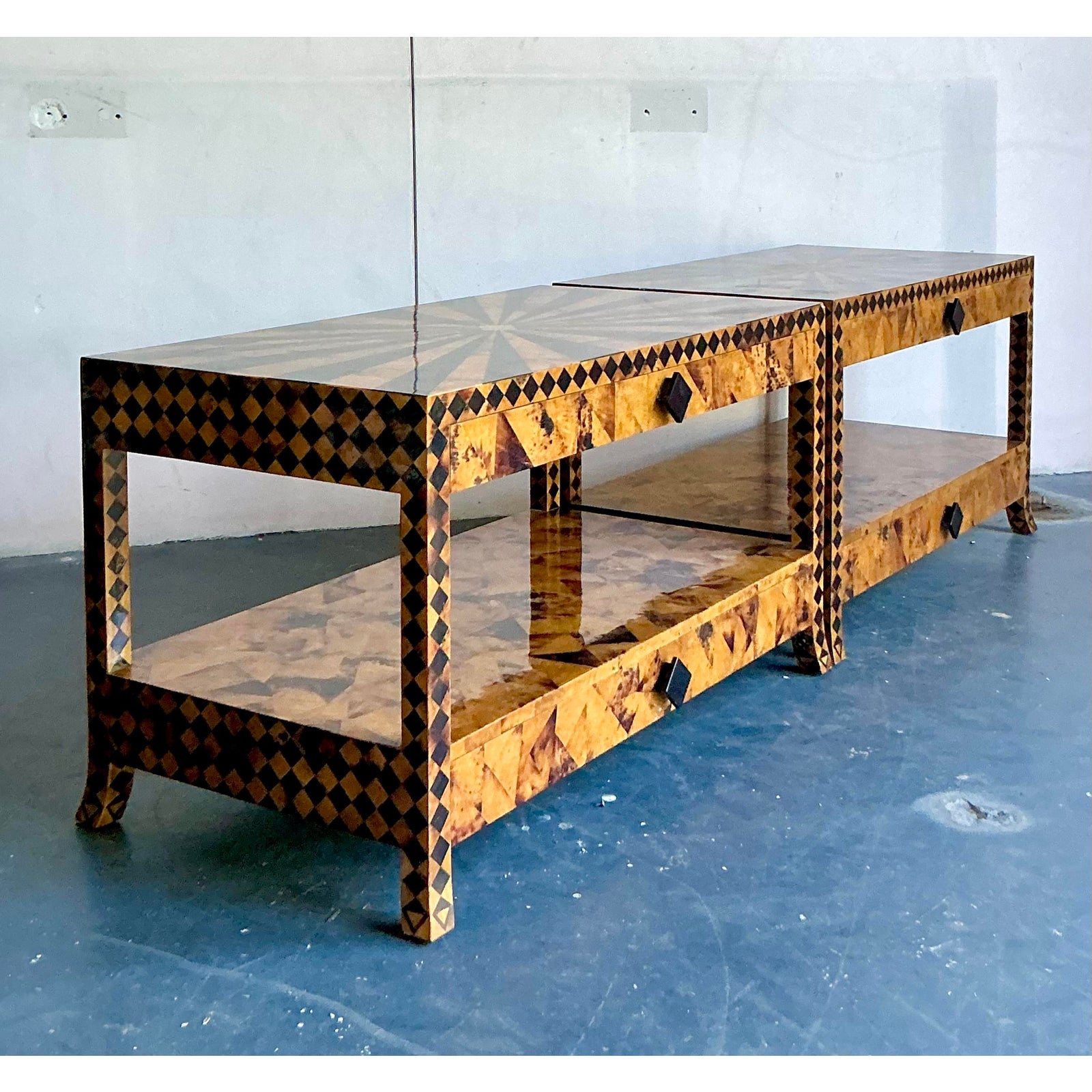 Vintage Tessellated Coconut Shell and Penshell Starburst Side Tables - a Pair - Detail view