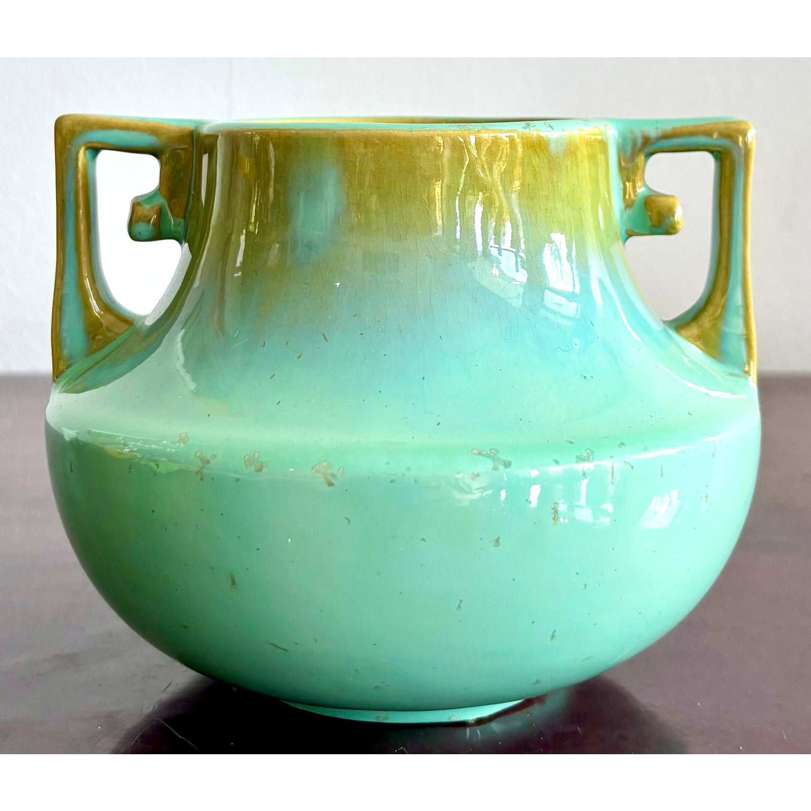 Vintage Glazed Ceramic Two Handle Vase - Back view