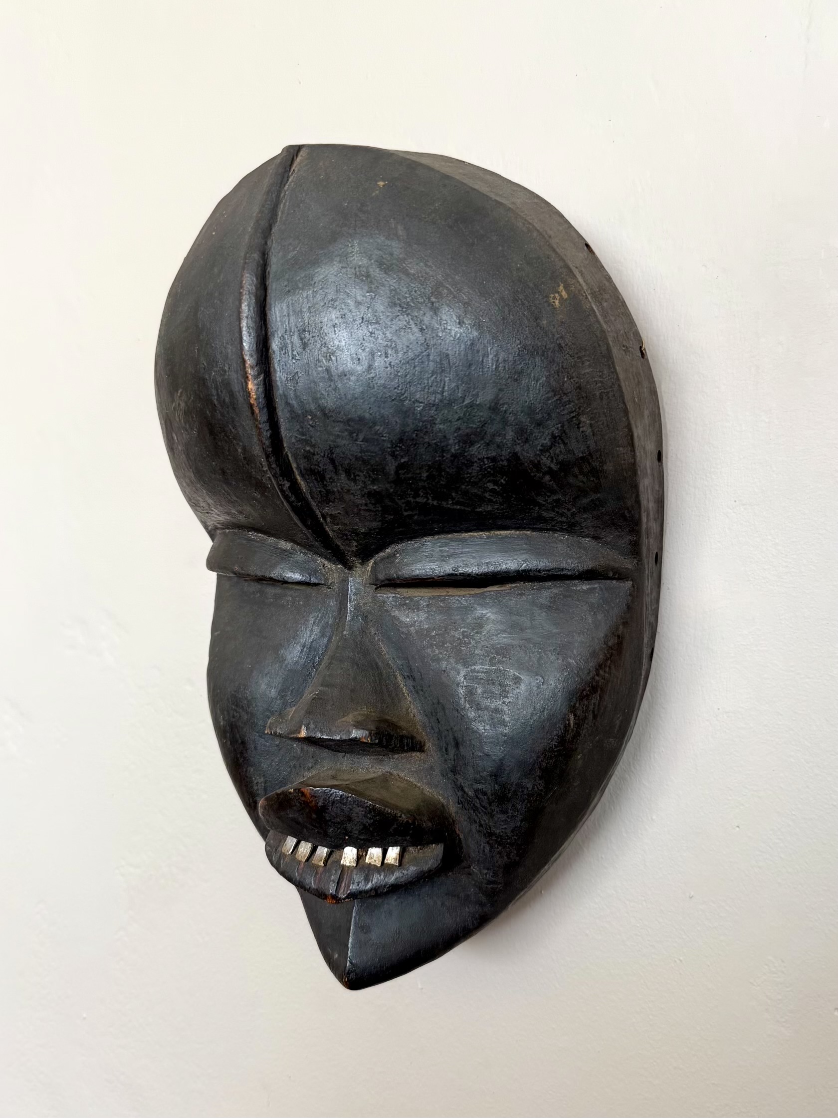 Vintage Boho Hand Carved Wood Painted Mask - Back view
