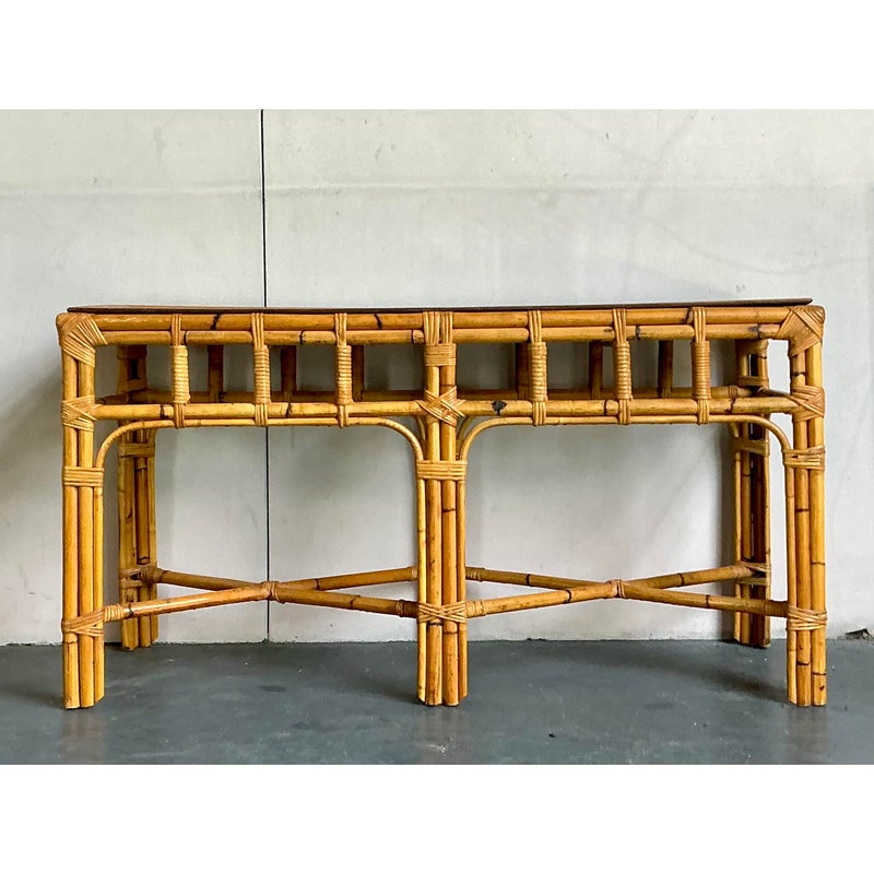 Vintage Boho Bamboo and Burlwood Console Table - Back view