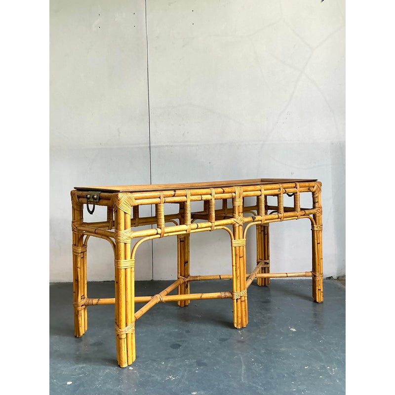 Vintage Boho Bamboo and Burlwood Console Table - Top view