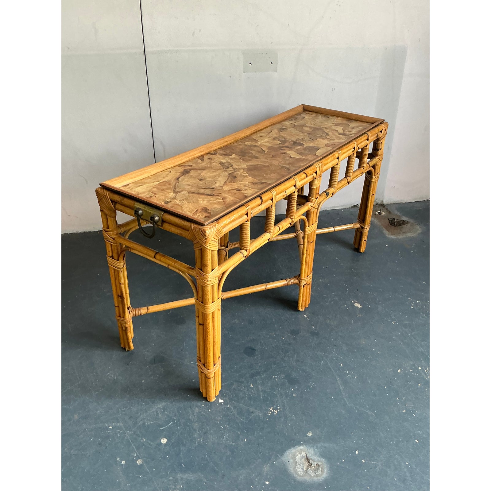 Vintage Boho Bamboo and Burlwood Console Table - Side view