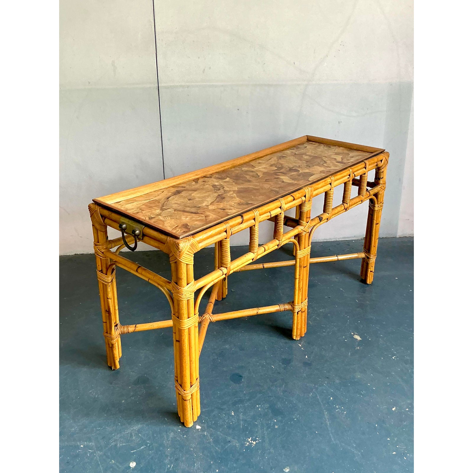 Vintage Boho Bamboo and Burlwood Console Table - Detail view
