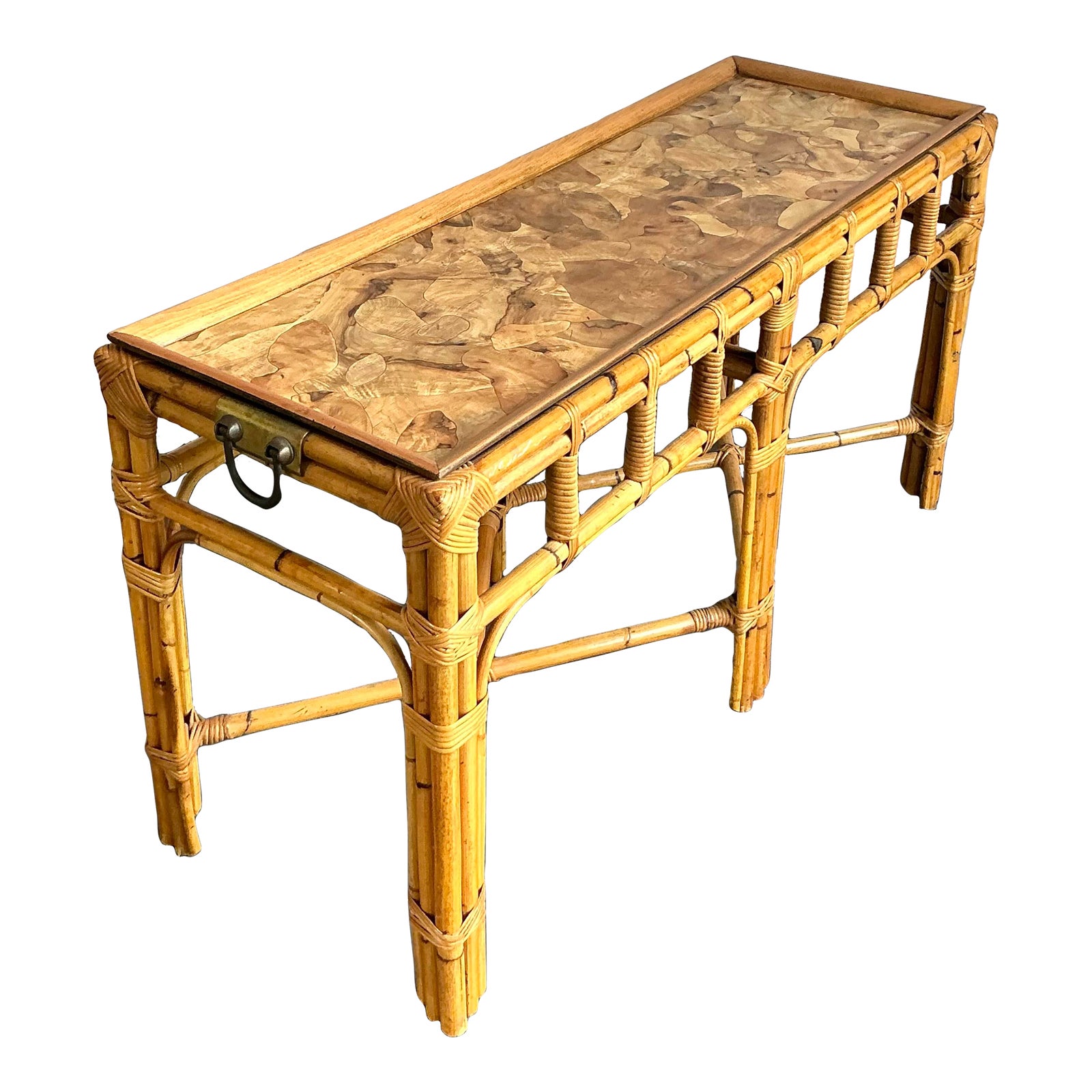 Vintage Boho Bamboo and Burlwood Console Table