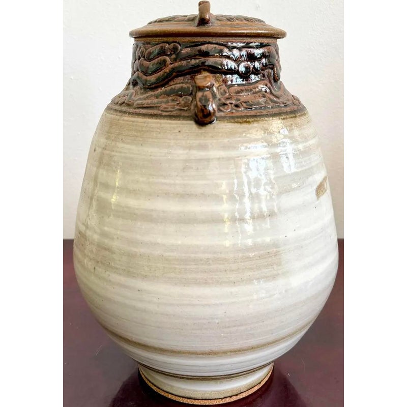 Vintage Boho Glazed Ceramic Jug With Lid - Back view
