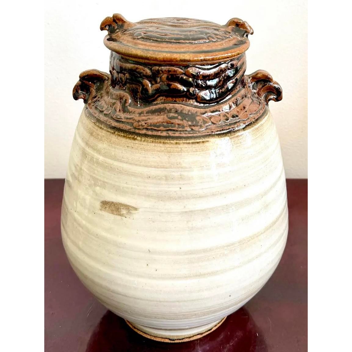 Vintage Boho Glazed Ceramic Jug With Lid - Top view