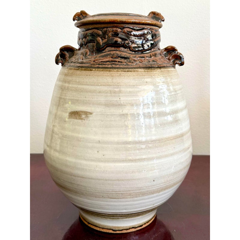 Vintage Boho Glazed Ceramic Jug With Lid - Side view