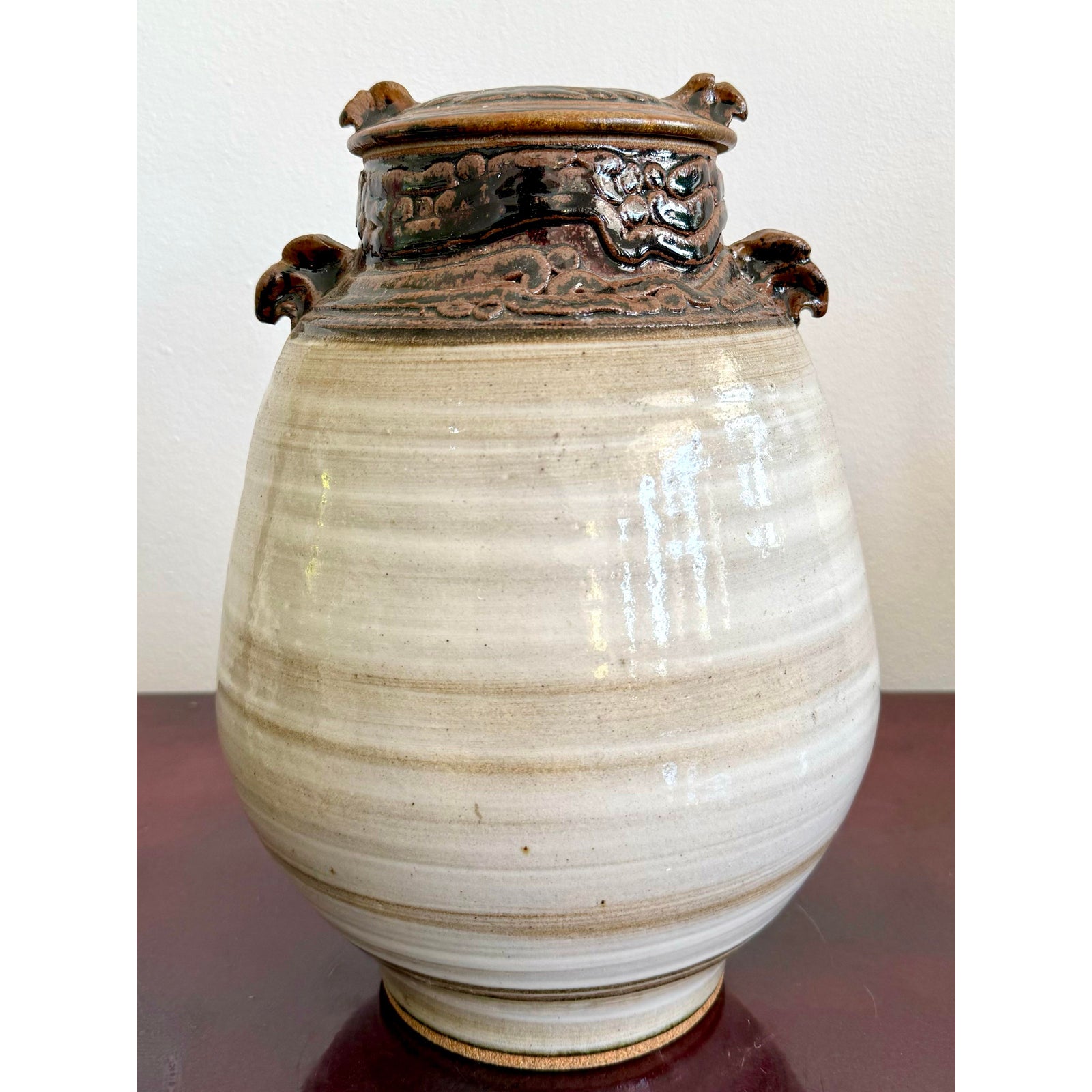 Vintage Boho Glazed Ceramic Jug With Lid - Detail view