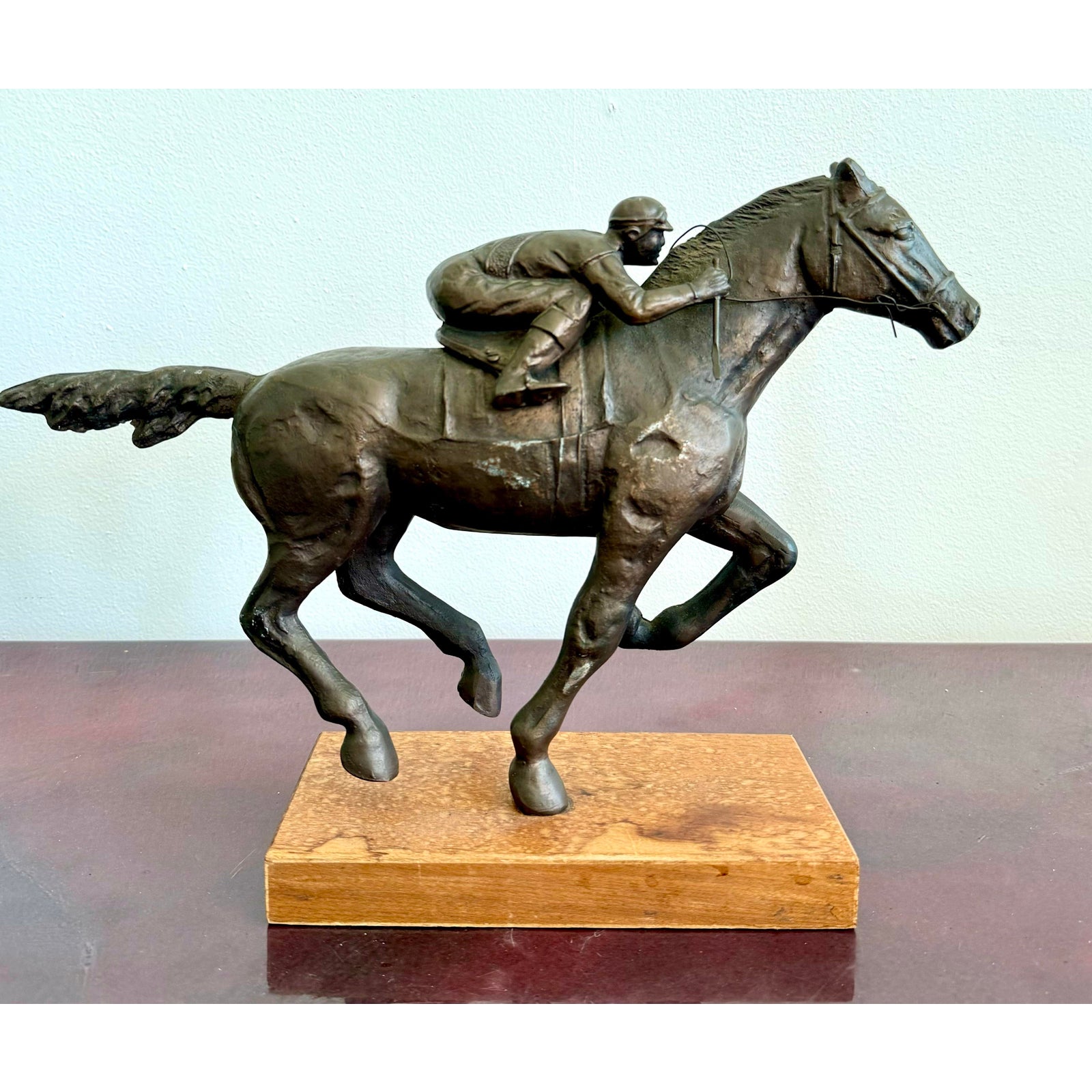 Vintage Boho Bronze Horseback Sculpture - Side view