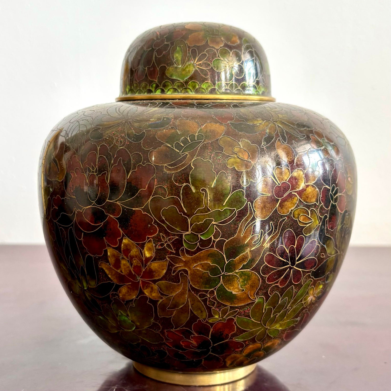 Vintage Boho Glazed Closionne Jar With Lid and Gold Detailing - Top view