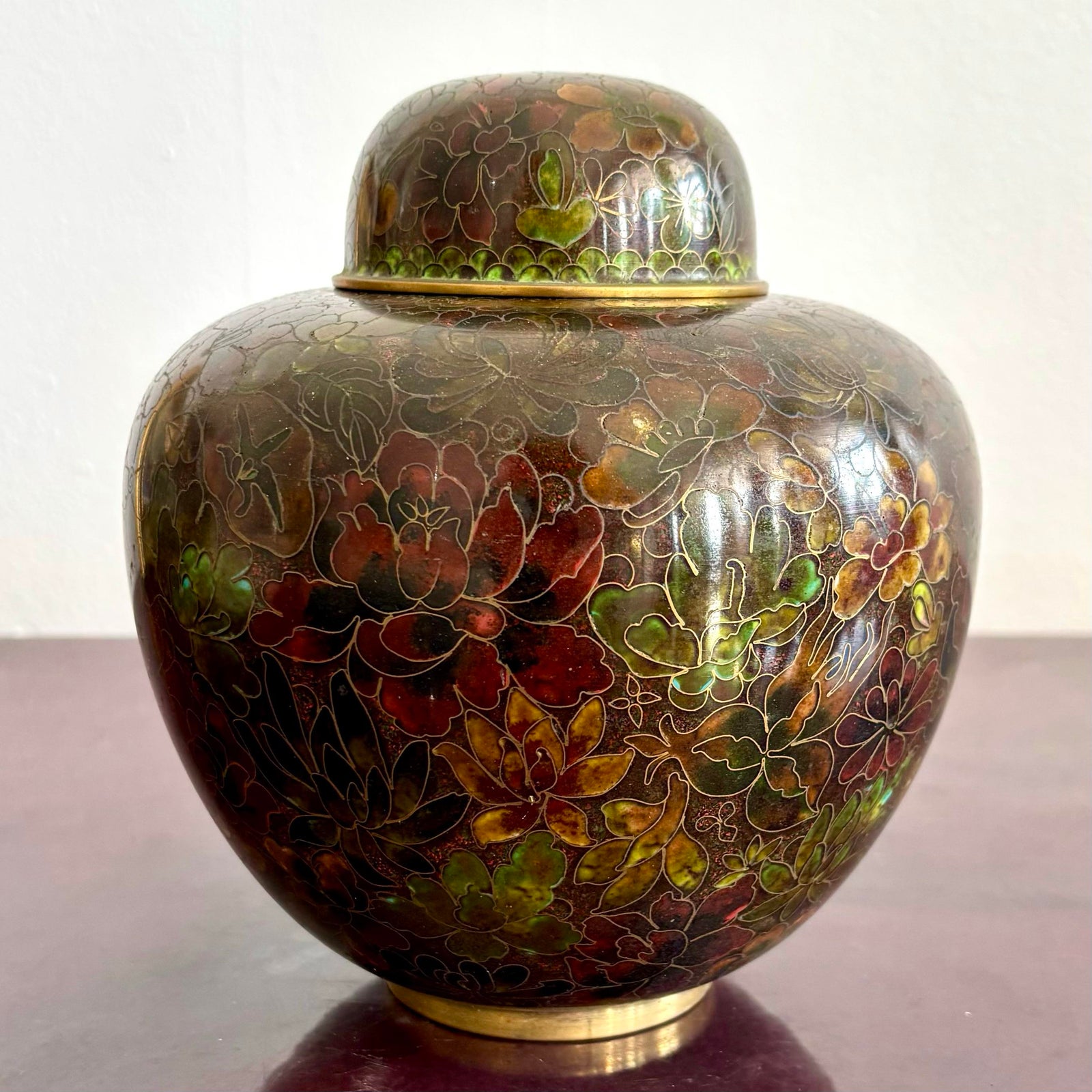 Vintage Boho Glazed Closionne Jar With Lid and Gold Detailing - Back view