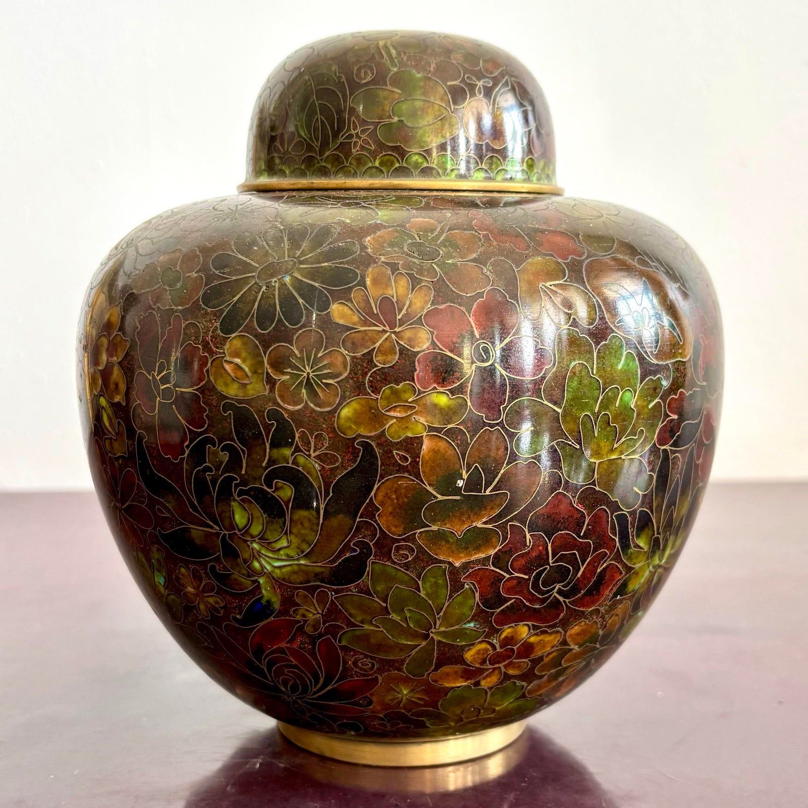 Vintage Boho Glazed Closionne Jar With Lid and Gold Detailing - Side view