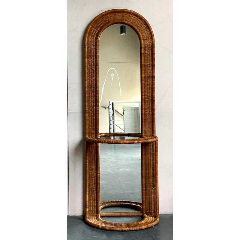 Vintage Boho Woven Rattan Hall Mirror - Side view