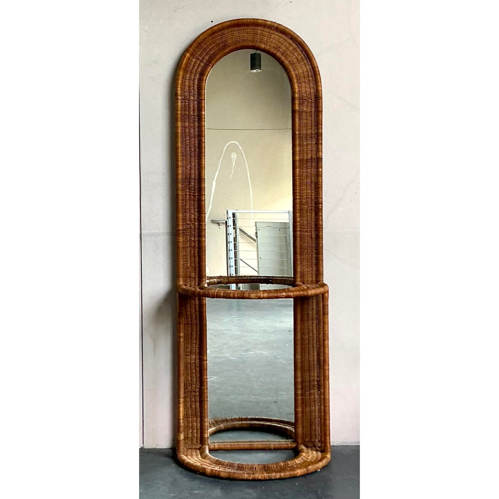 Vintage Boho Woven Rattan Hall Mirror - Top view