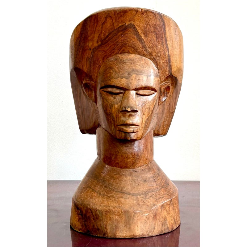 Vintage Boho Solid Wood Carved Bust - Back view